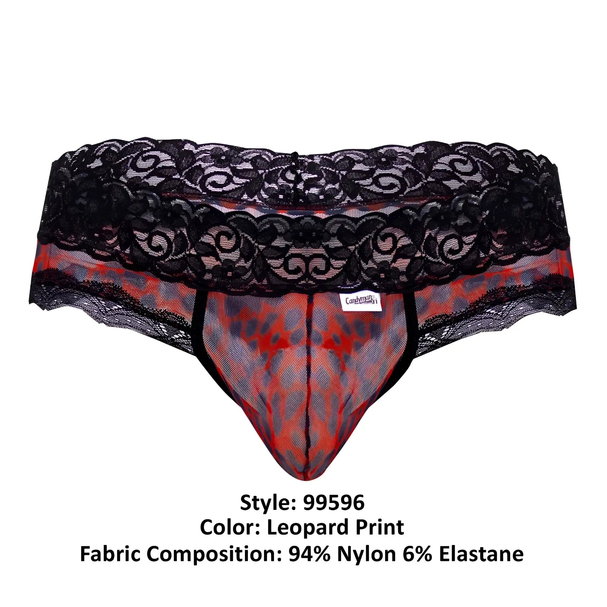 Black lace-trimmed mens briefs with red and gray leopard print mesh interior candyMan 99596 mesh-lace thong