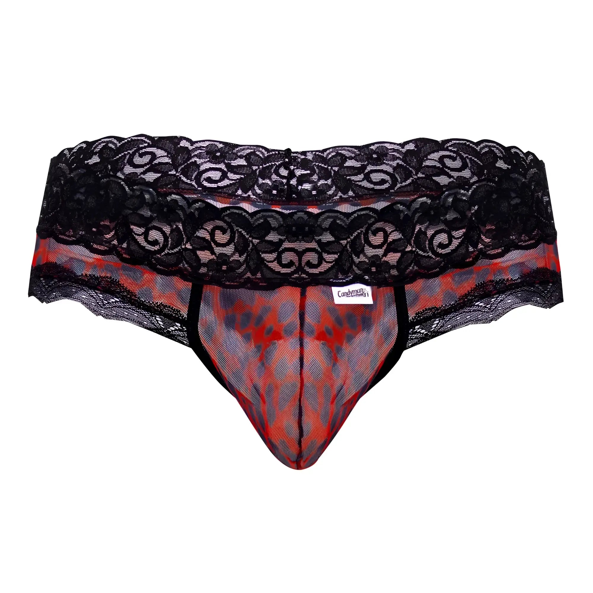 Black lace-trimmed men’s thong in sheer red and gray leopard print mesh from candyman 99596 mesh-lace thongs collection