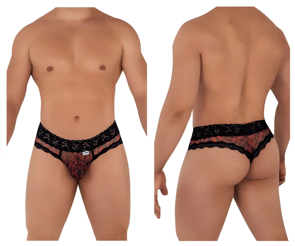 Black lace-trimmed leopard print mesh-lace thong candyMan 99596 shown from the back side