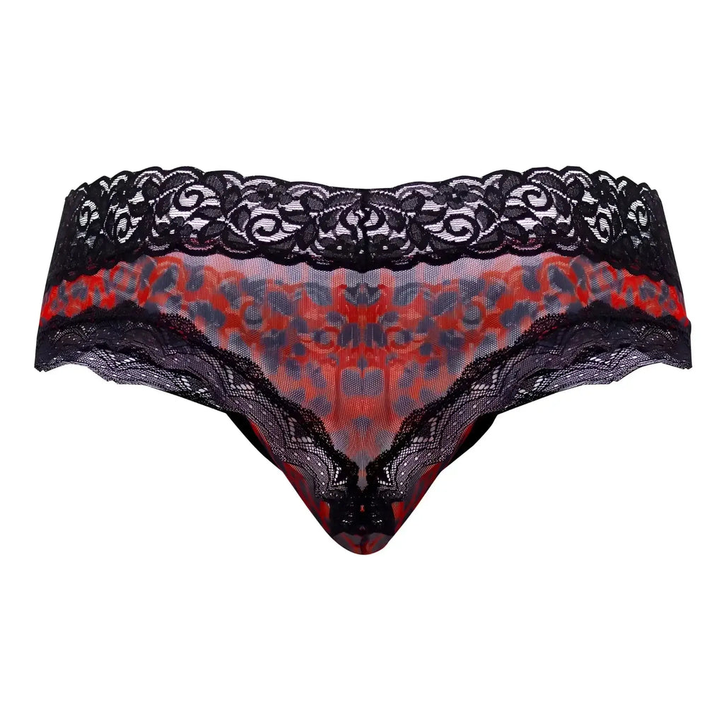 Black lace-trimmed thong with vibrant red and gray patterned mesh center candy man 99596 mesh-lace thongs leopard print