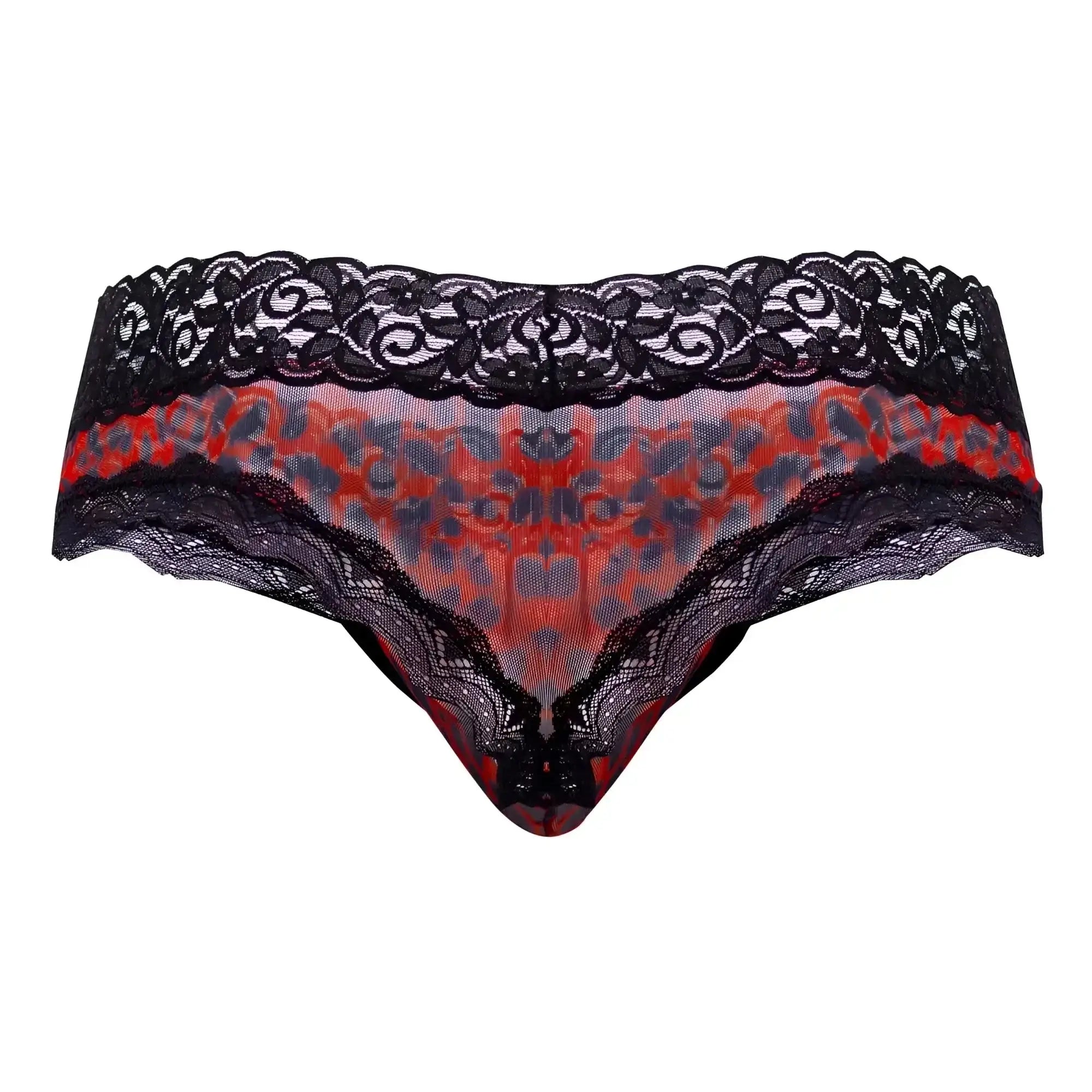 Black lace-trimmed thong with vibrant red and gray patterned mesh center candy man 99596 mesh-lace thongs leopard print