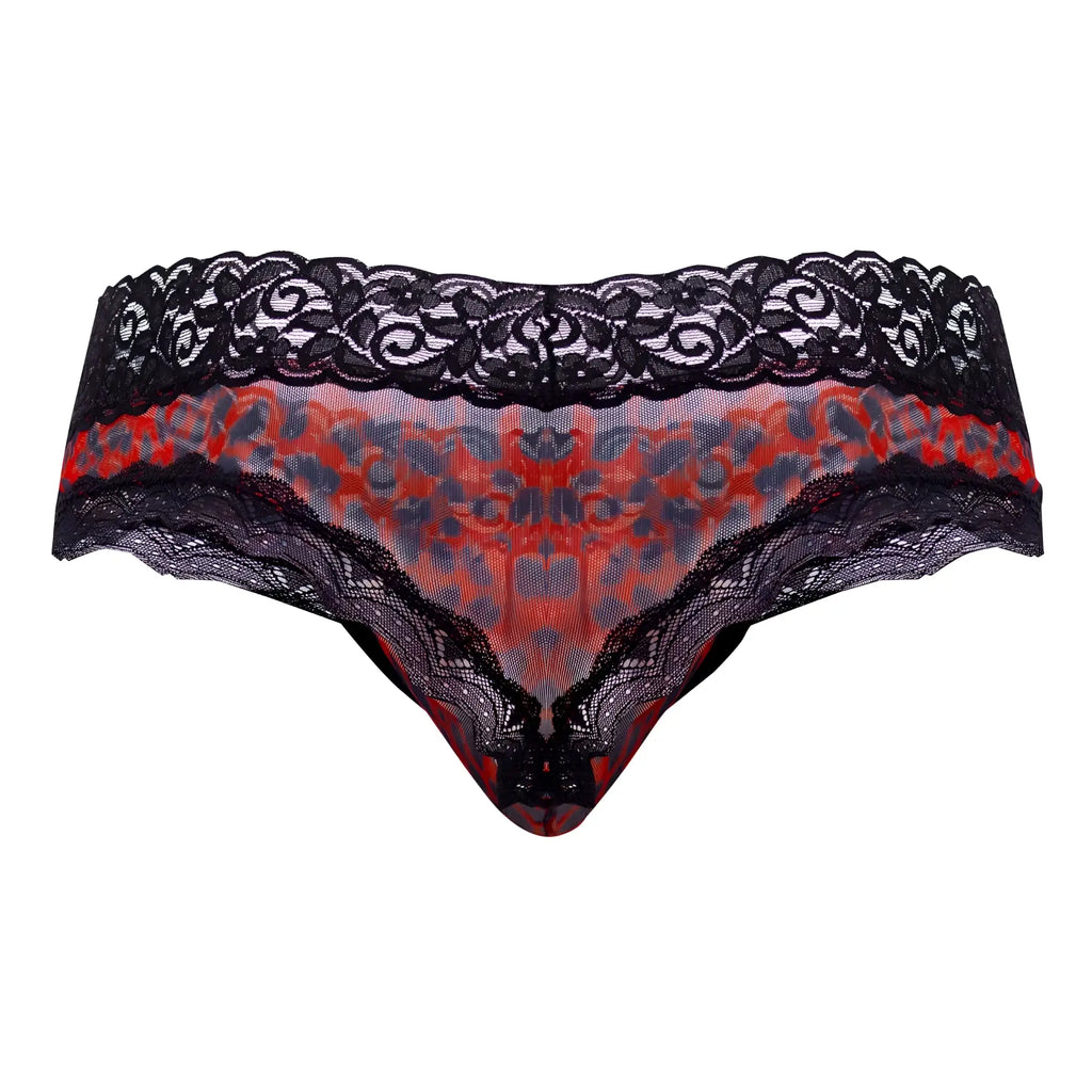 Black lace-trimmed thong with vibrant red and gray patterned mesh center candy man 99596 mesh-lace thongs leopard print