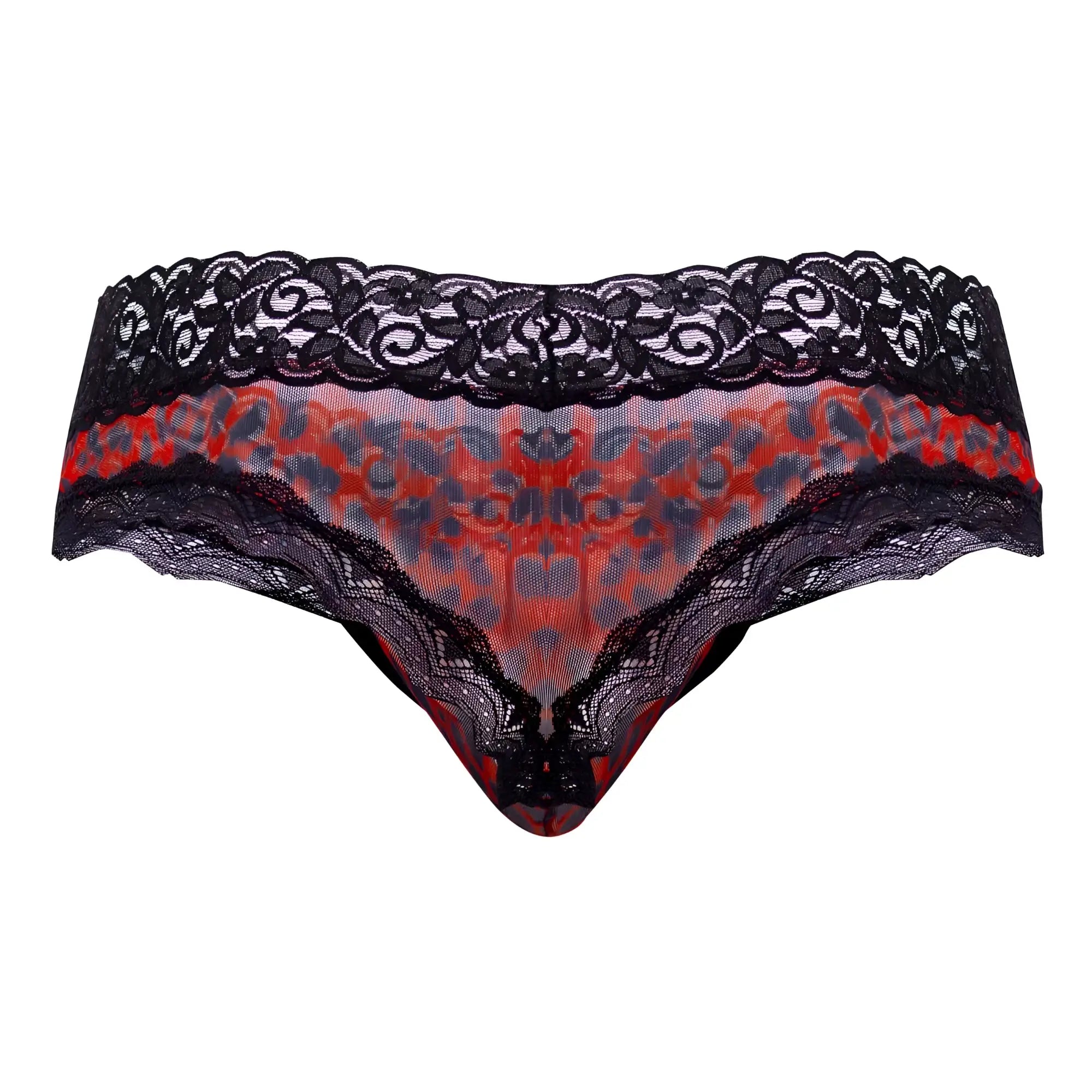 Black lace-trimmed thong with vibrant red and gray patterned mesh center candy man 99596 mesh-lace thongs leopard print