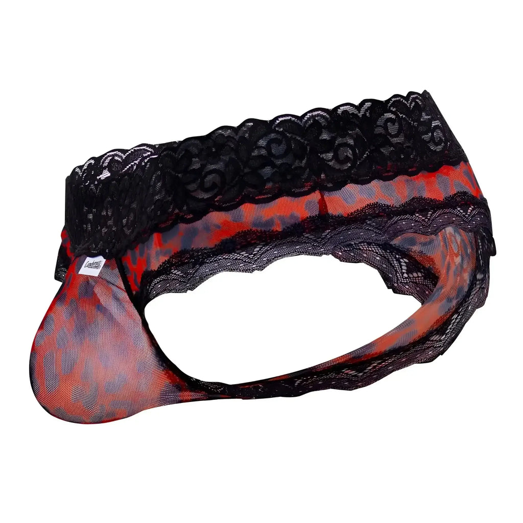 Candyman 99596 mesh-lace thongs in red and black patterned lace-trimmed mesh with leopard print design for men