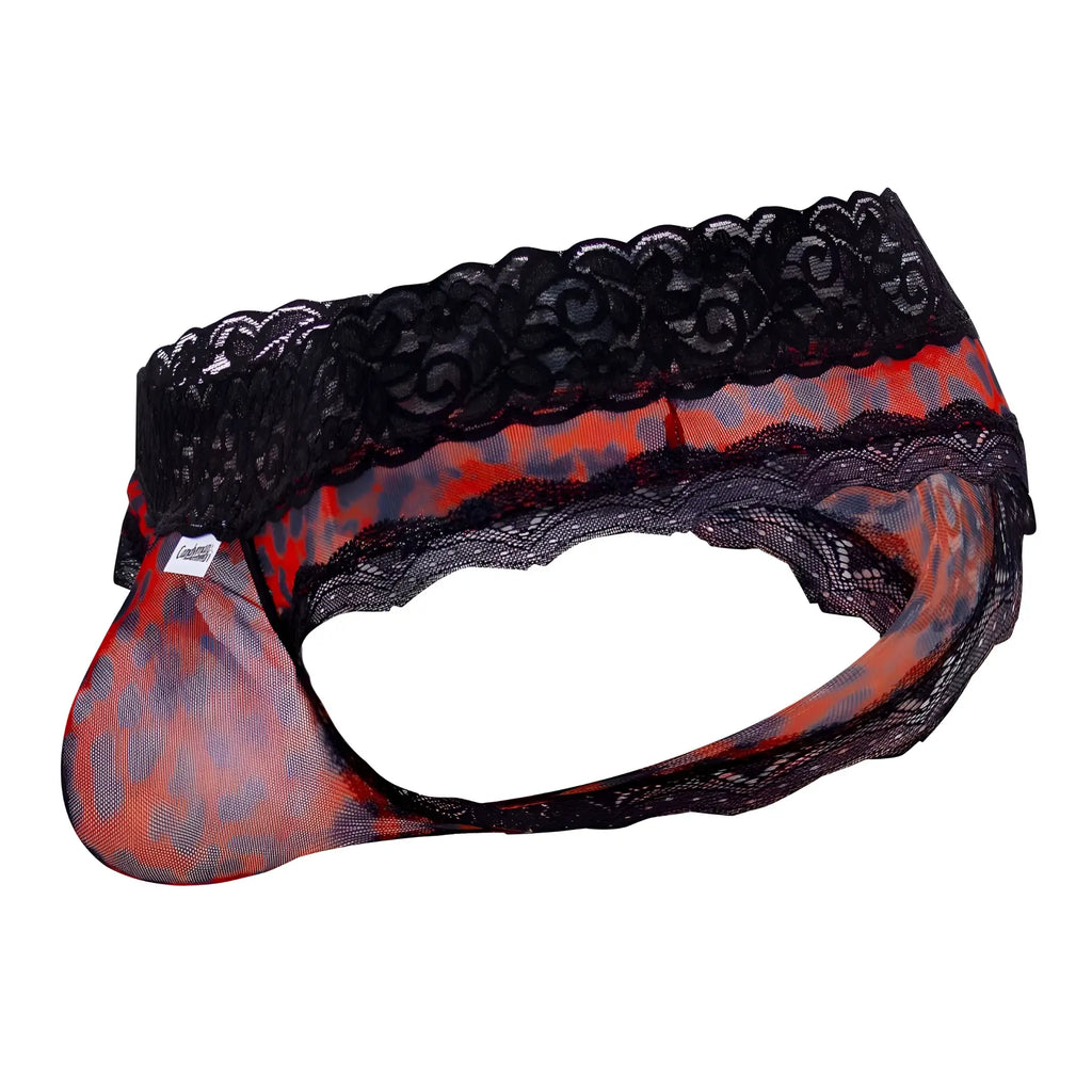Candyman 99596 mesh-lace thongs in red and black patterned lace-trimmed mesh with leopard print design for men