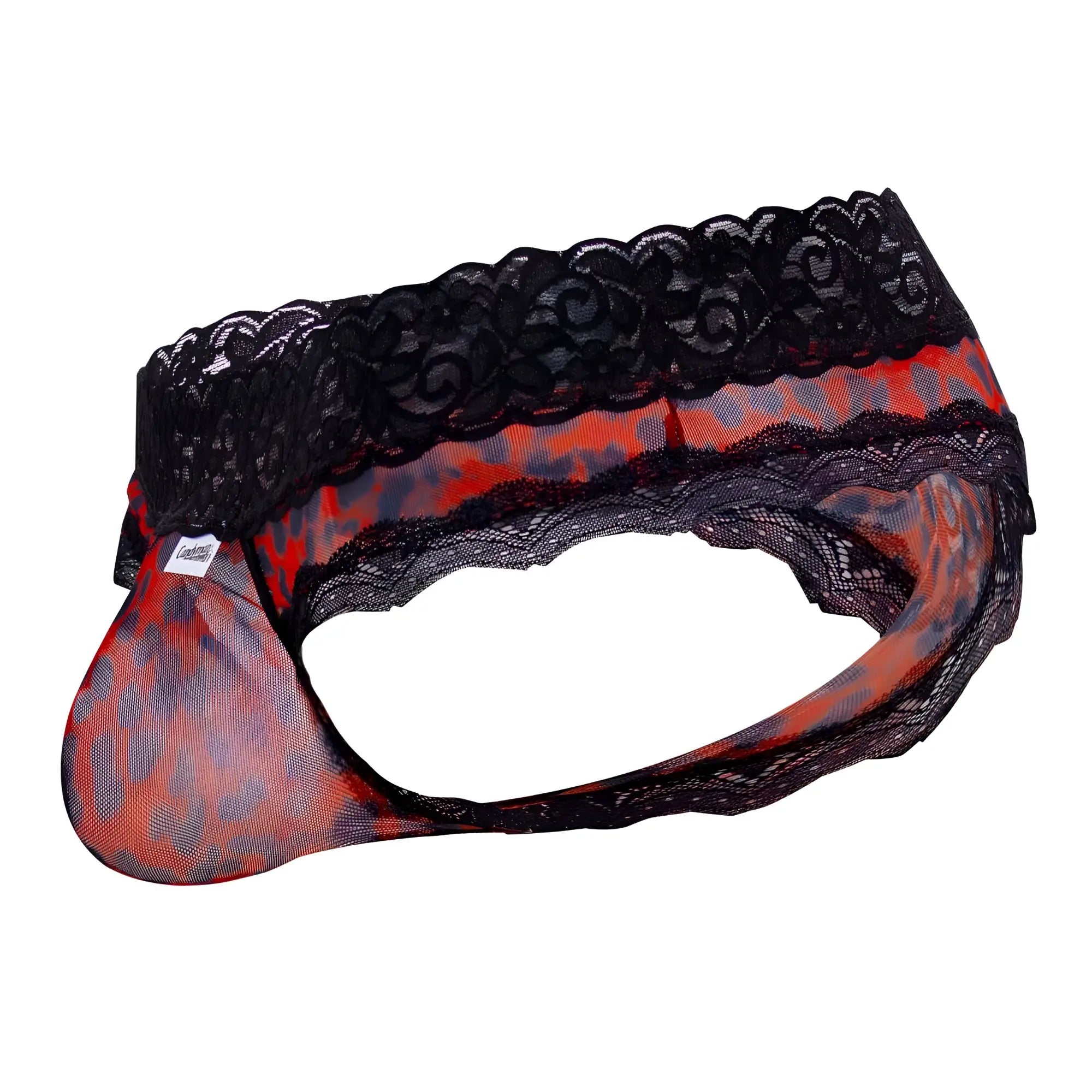 Candyman 99596 mesh-lace thongs in red and black patterned lace-trimmed mesh with leopard print design for men