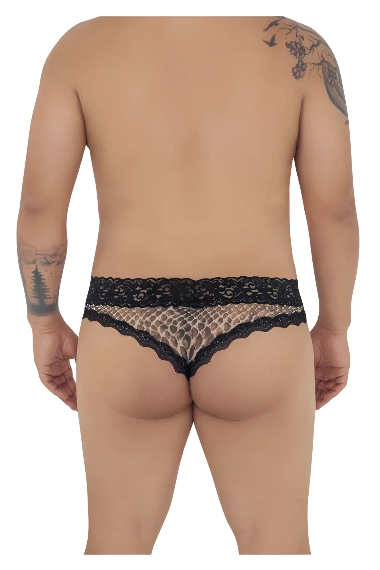 Black lace-trimmed leopard print briefs from candyman 99596x mesh-lace thongs in snake print color