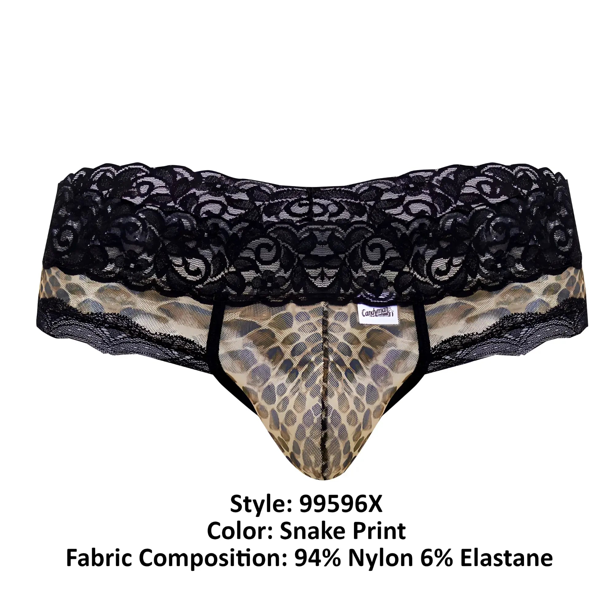Black lace-trimmed mens briefs with tan and brown snake print mesh lace from candyman 99596x collection
