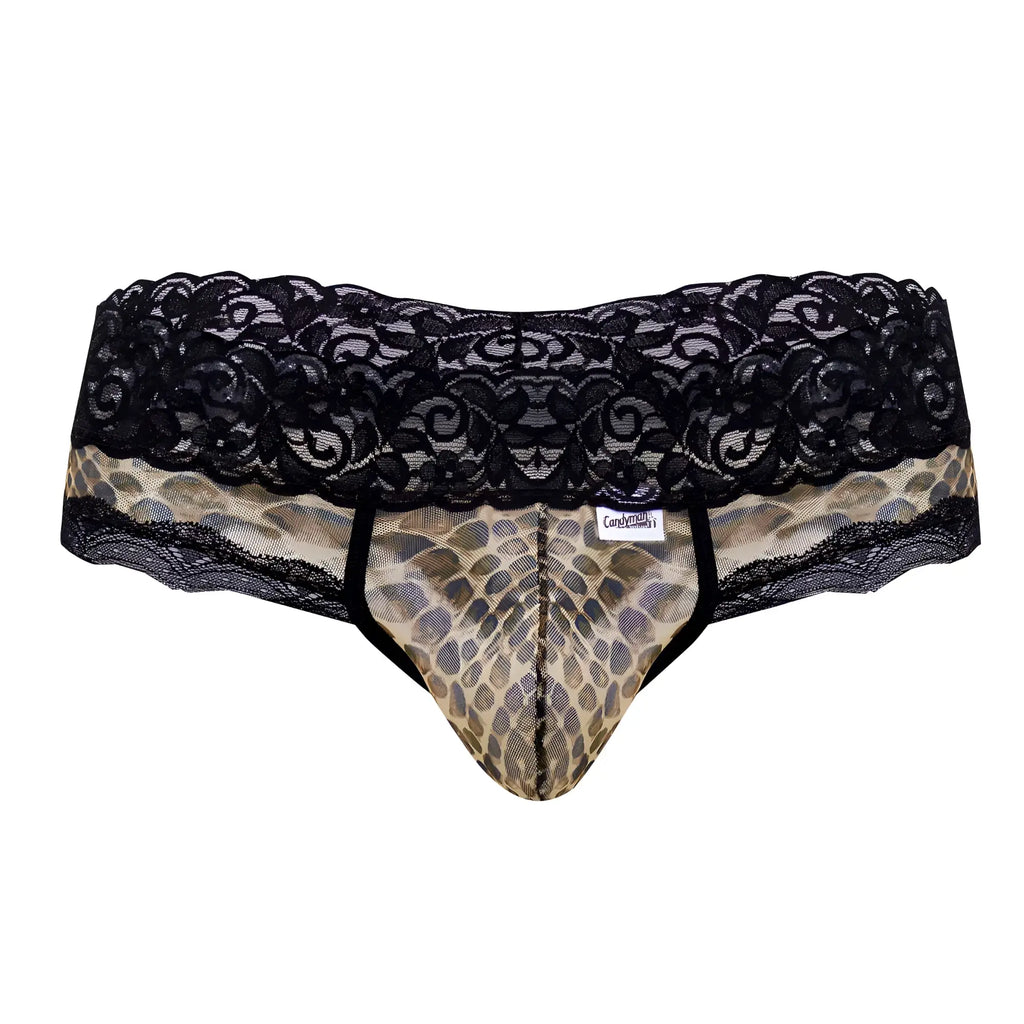 CandyMan 99596X mesh-lace thongs black lace-trimmed briefs with tan and brown snake print front panel