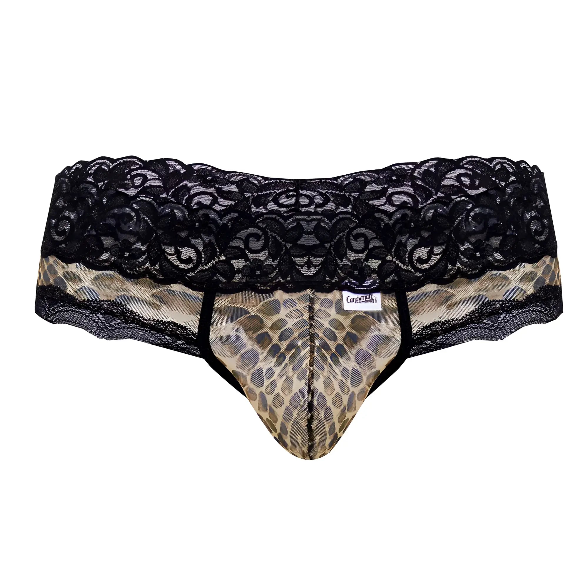 CandyMan 99596X mesh-lace thongs black lace-trimmed briefs with tan and brown snake print front panel