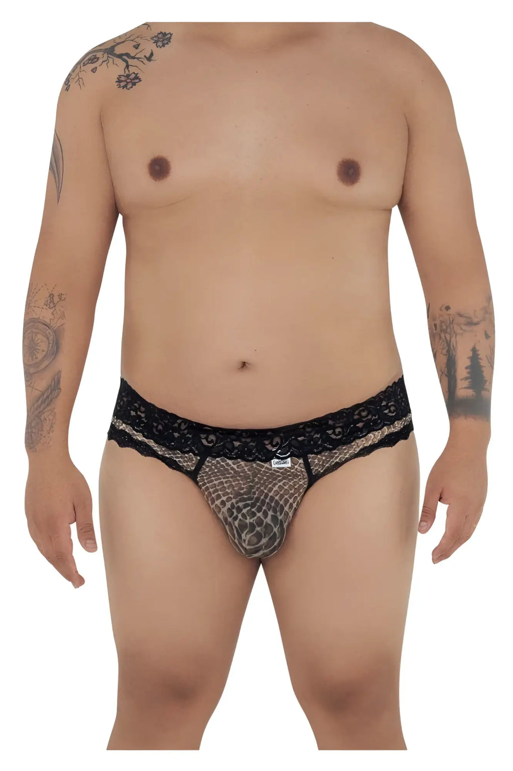 Black lace-trimmed mesh briefs with subtle snake print pattern from candyman 99596x collection