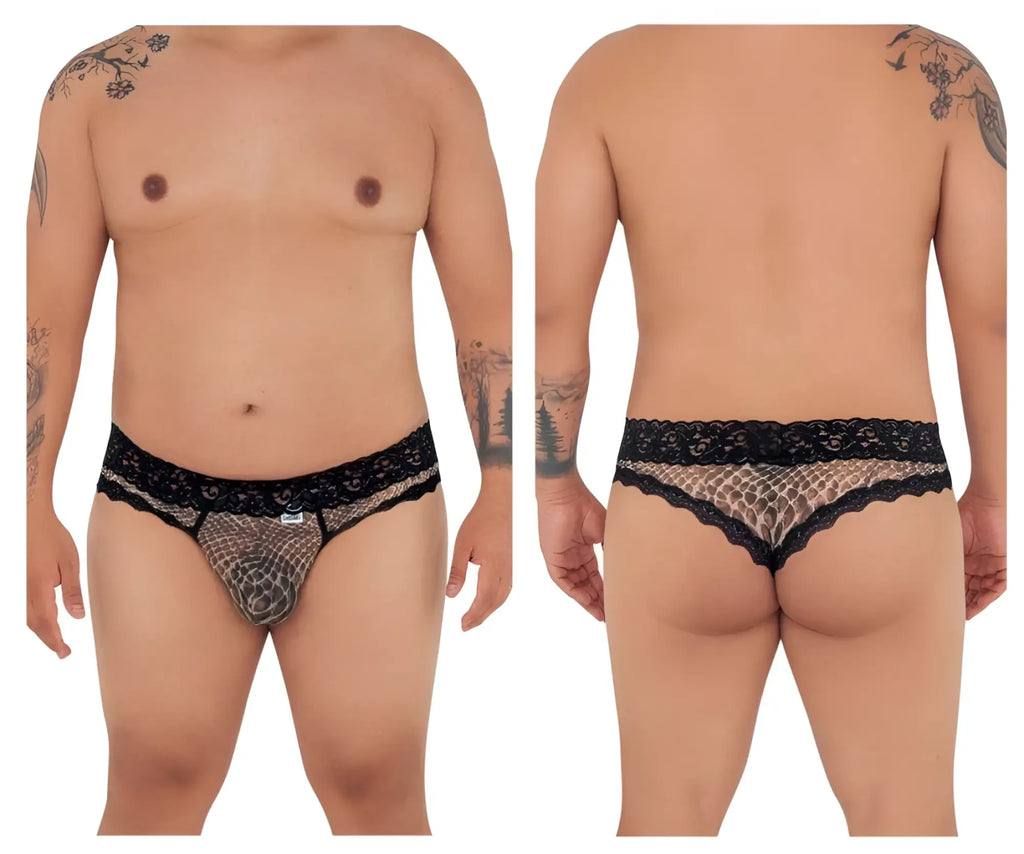 Black lace-trimmed mesh thongs with subtle snake print pattern from candyman 99596x collection