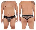 Black lace-trimmed mesh thongs with subtle snake print pattern from candyman 99596x collection