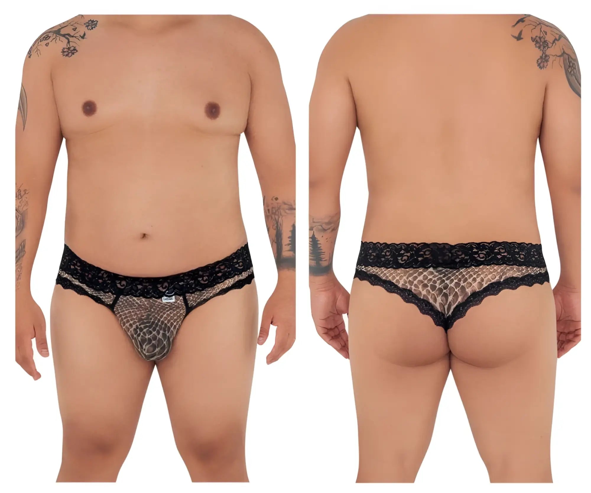 Black lace-trimmed mesh thongs with subtle snake print pattern from candyman 99596x collection