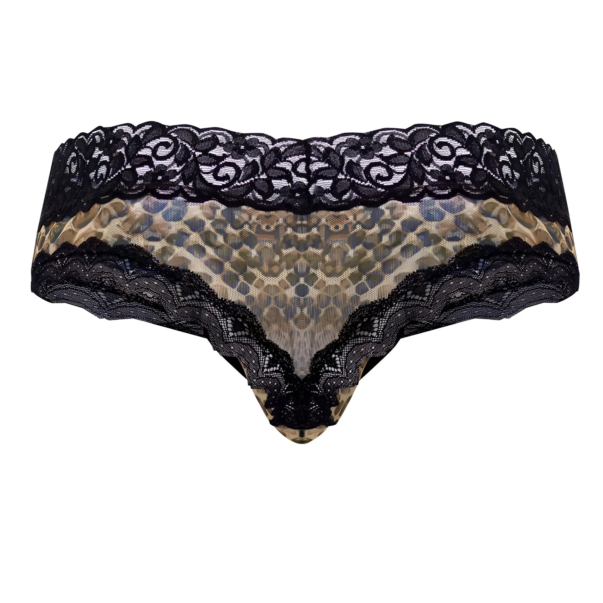 Black lace-trimmed thong with tan and olive green snake print mesh lace fabric from candyman 99596x collection