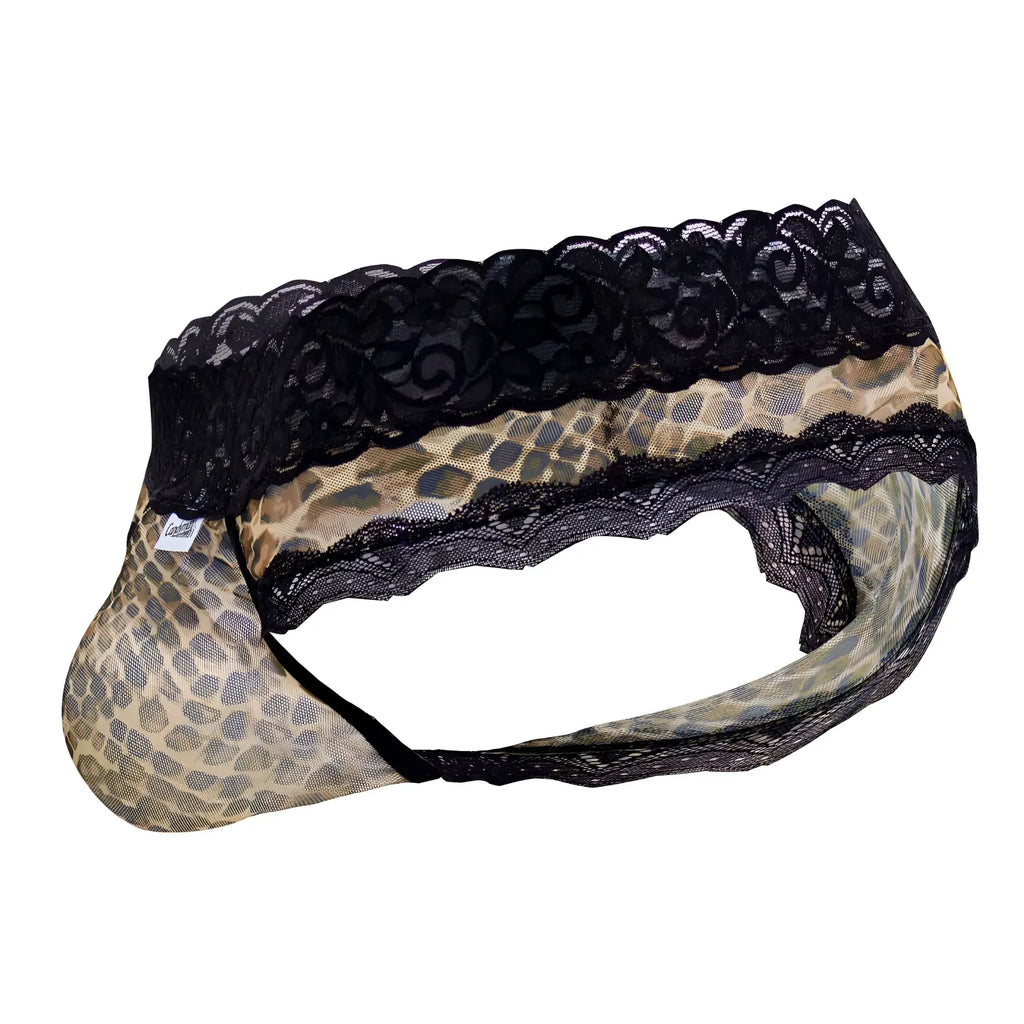 Candyman 99596x mesh-lace thongs in snake print featuring leopard-print mesh briefs with black lace trim