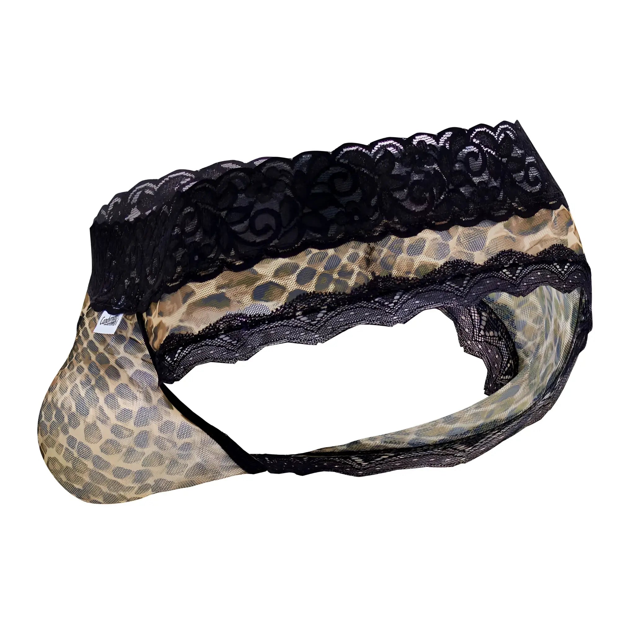 Candyman 99596x mesh-lace thongs in snake print featuring leopard-print mesh briefs with black lace trim