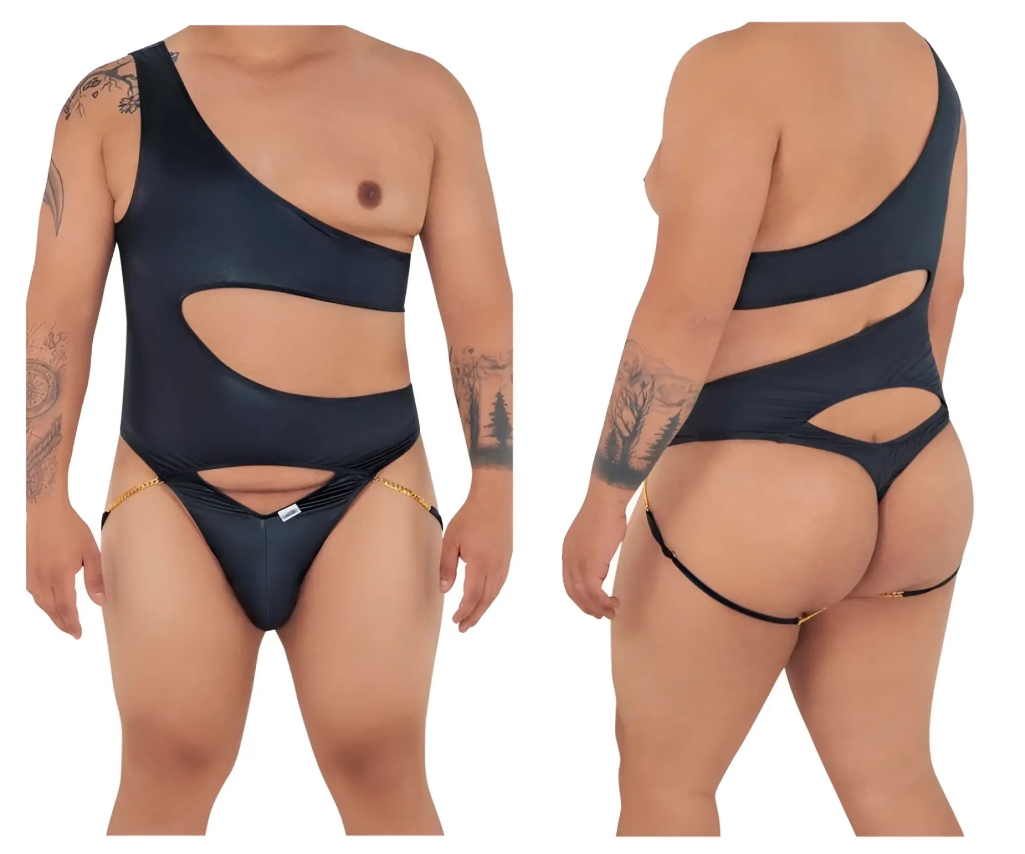Black CandyMan 99597X one shoulder bodysuit featuring cut-out design and gold chain detailing for swimwear use