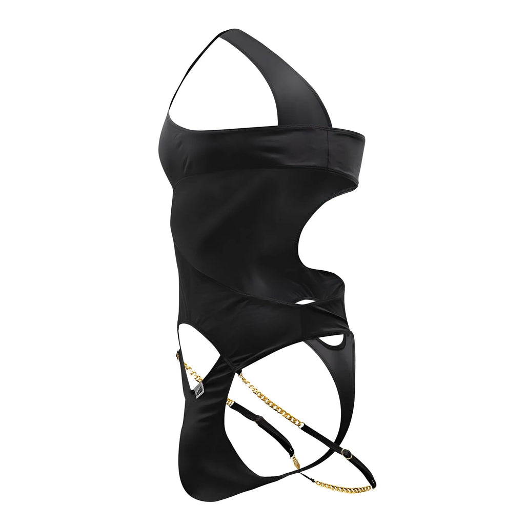 Black satin one shoulder bodysuit by CandyMan with gold chain detailing in color black
