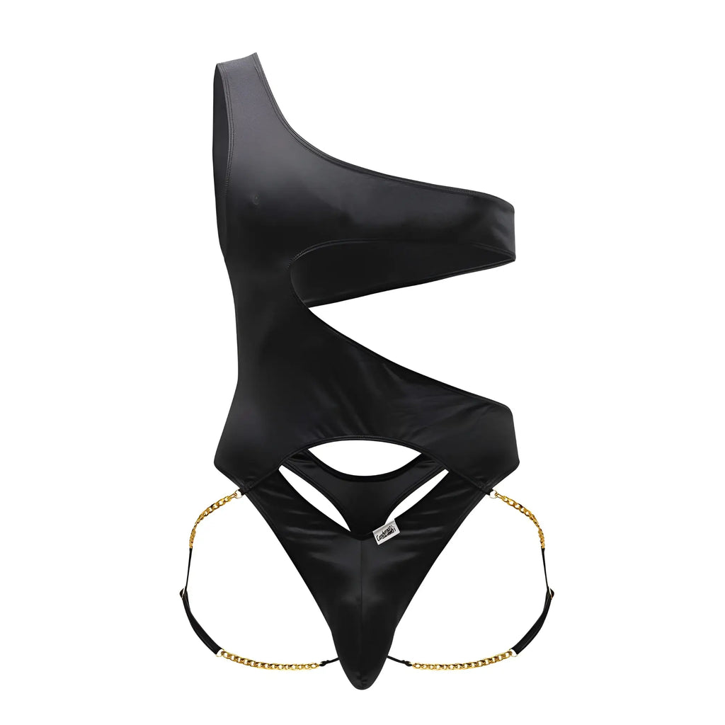 Black satin one shoulder swimsuit with gold chain detailing at hips from CandyMan 99597X collection