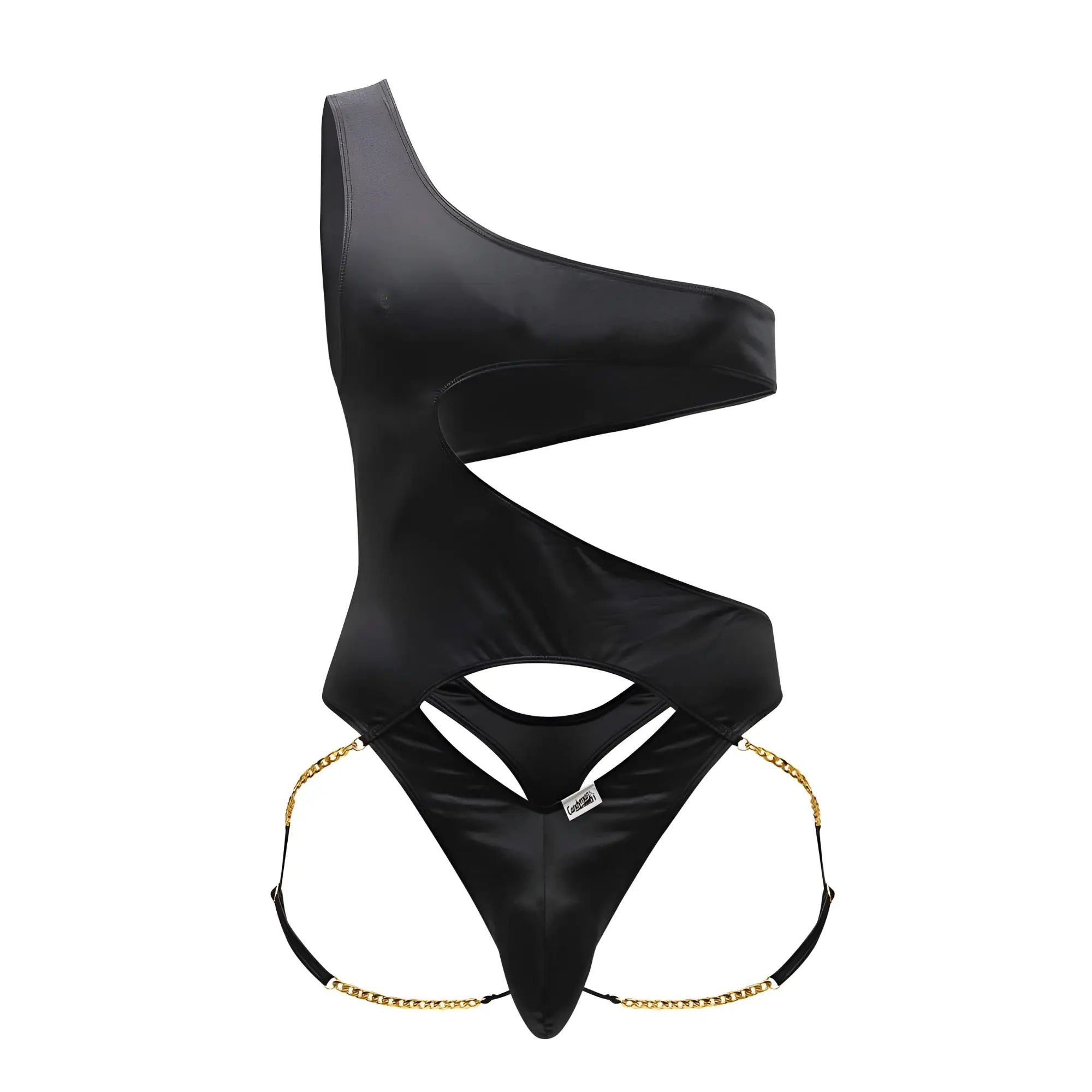 Black satin one shoulder swimsuit with gold chain detailing at hips from CandyMan 99597X collection
