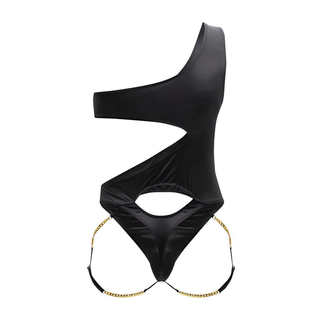 CandyMan 99597X black one shoulder bodysuit with glossy satin finish and gold chain detailing at the hips