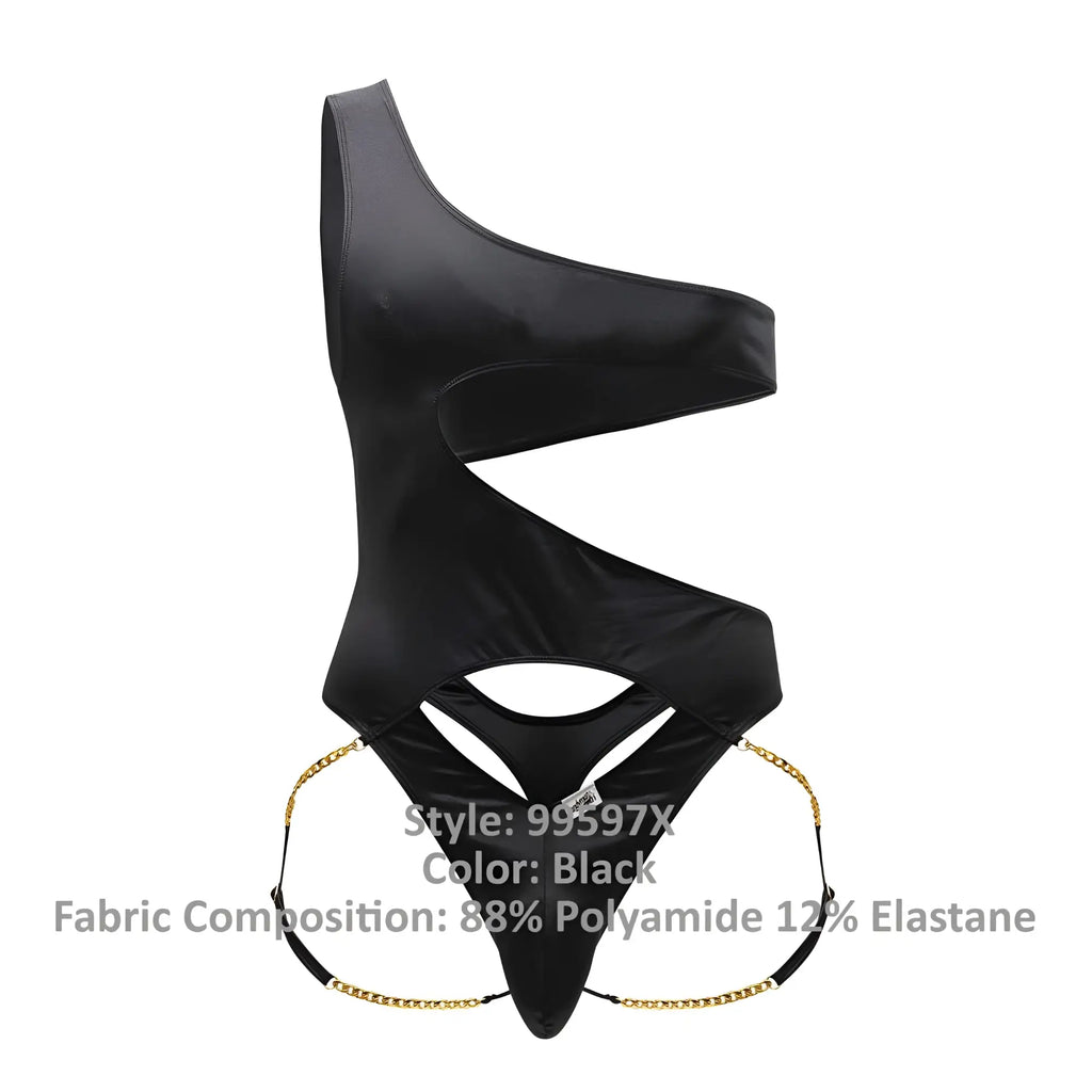 Black CandyMan 99597X one shoulder bodysuit with sleek glossy finish and gold chain detailing on sides
