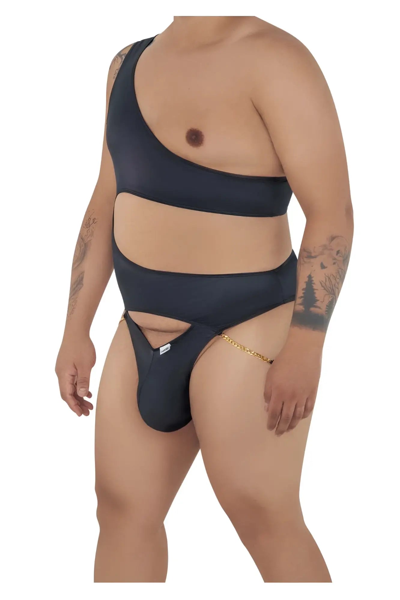 Black one-shoulder CandyMan bodysuit with cutout design and gold chain detail in swimwear style