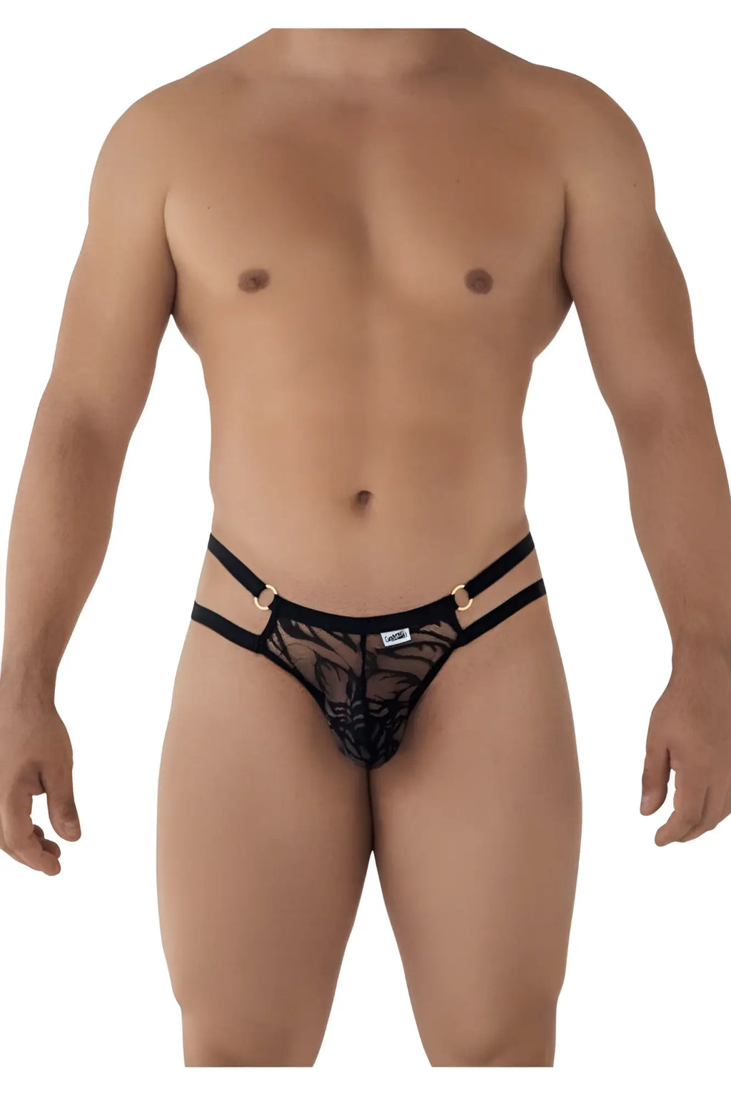 Black lace thong with floral pattern and adjustable straps from Candyman 99598 lace and chain bikini in black