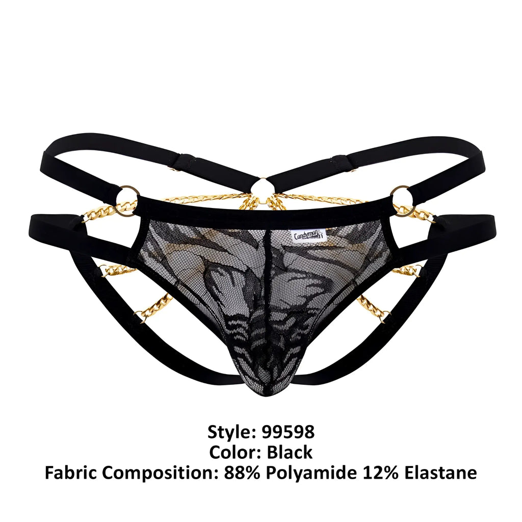 Black lace thong bikini with gold chain detailing and adjustable black straps by Candyman 99598 in black color