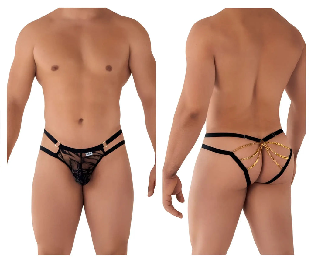 Black lace thong bikini with gold chain detailing and adjustable straps from Candyman 99598 in black