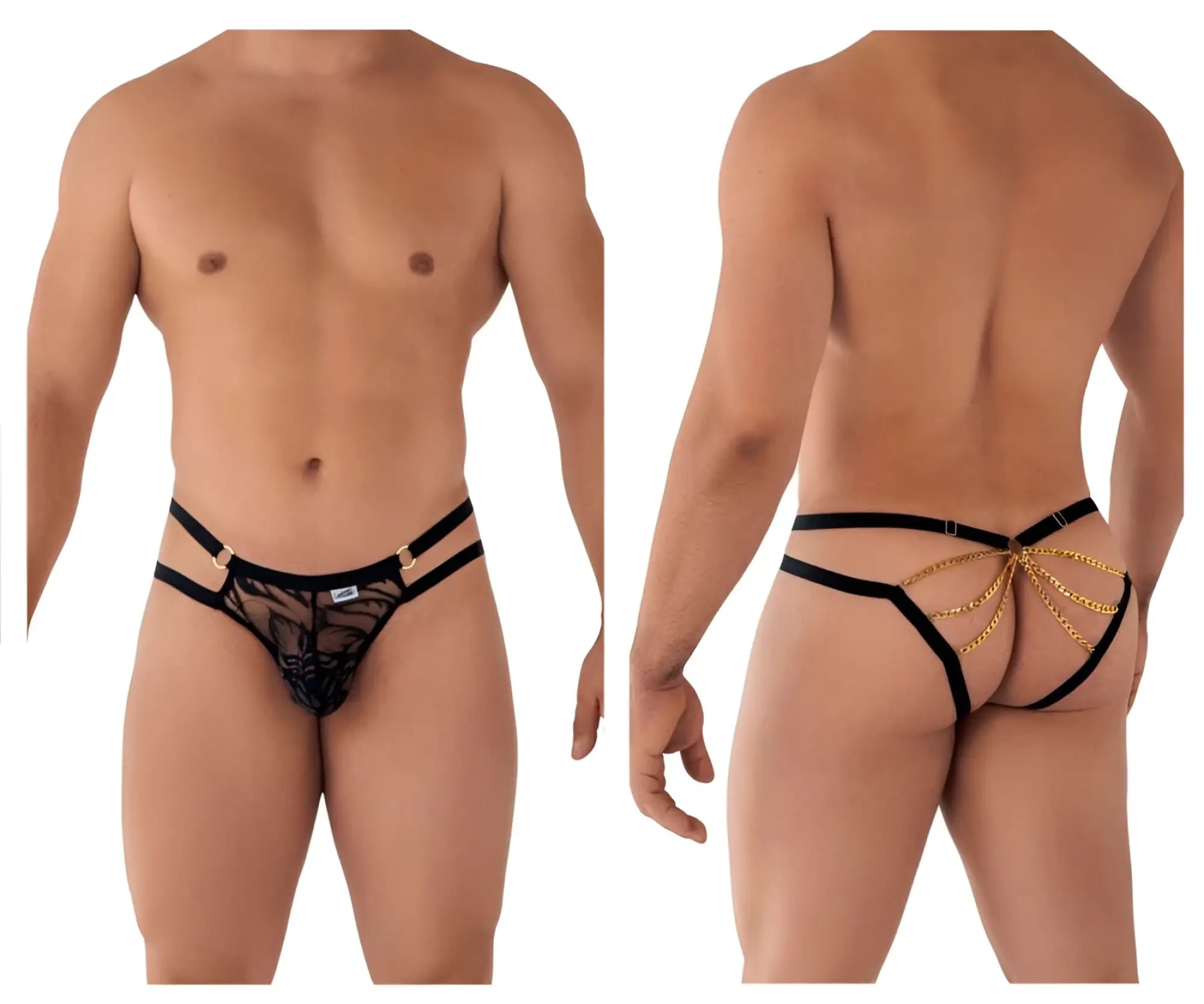 Black lace thong bikini with gold chain detailing and adjustable straps from Candyman 99598 in black