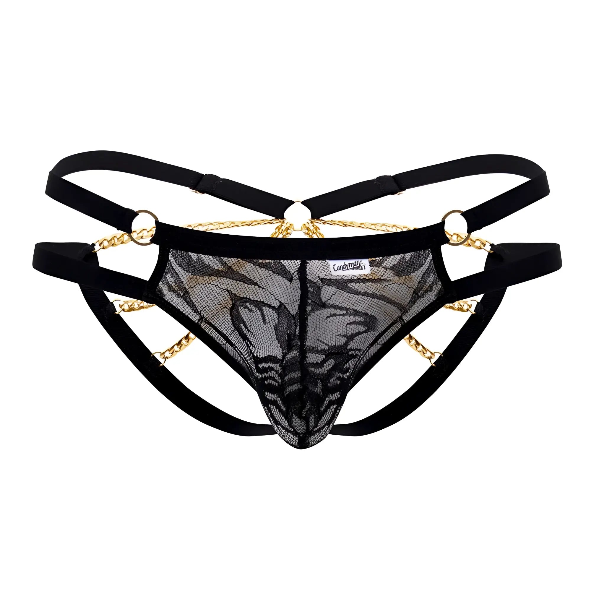 Black lace thong bikini with gold chain detailing and adjustable straps from candyman 99598 in black