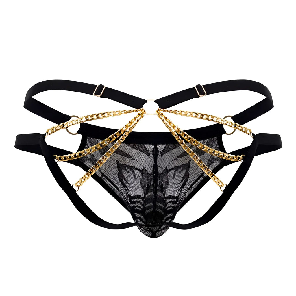 Black lace thong with gold chain detailing and adjustable straps from candyman 99598 lace and chain bikini in black