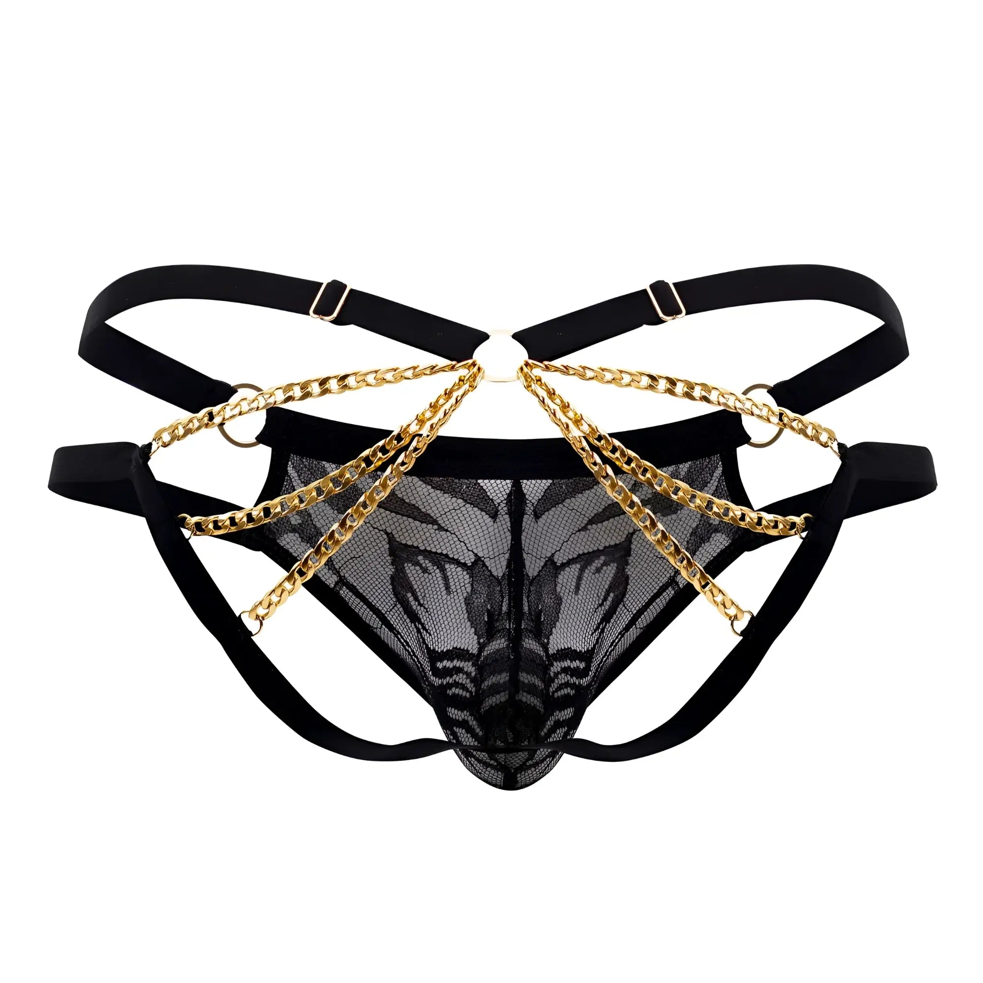 Black lace thong with gold chain detailing and adjustable straps from candyman 99598 lace and chain bikini in black