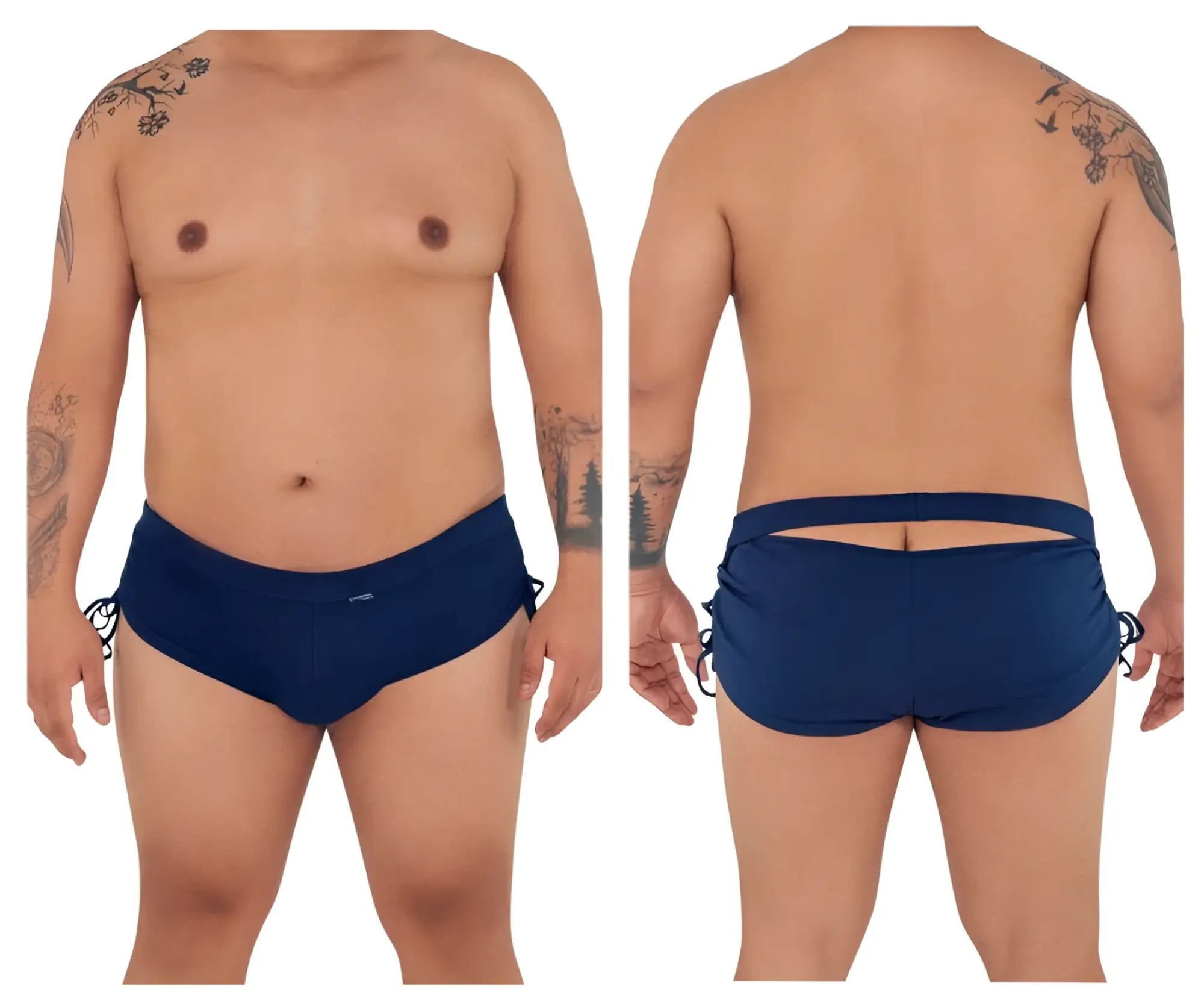 Navy blue Candyman 99602X lounge pajama shorts with side ties and back cutout shown from the back side