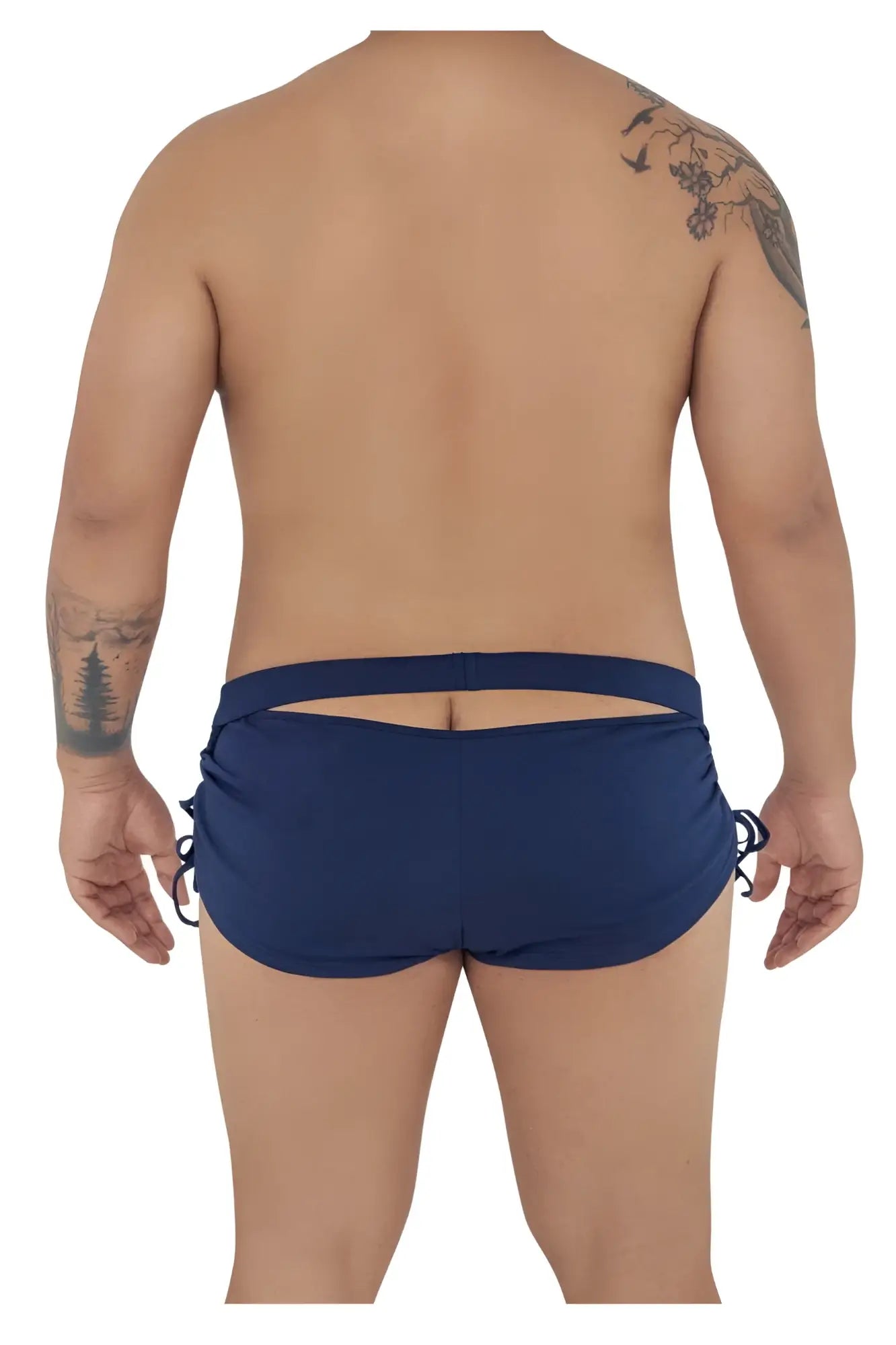Navy blue CandyMan 99602X lounge pajama shorts with side ties and back cutout shown from the back side