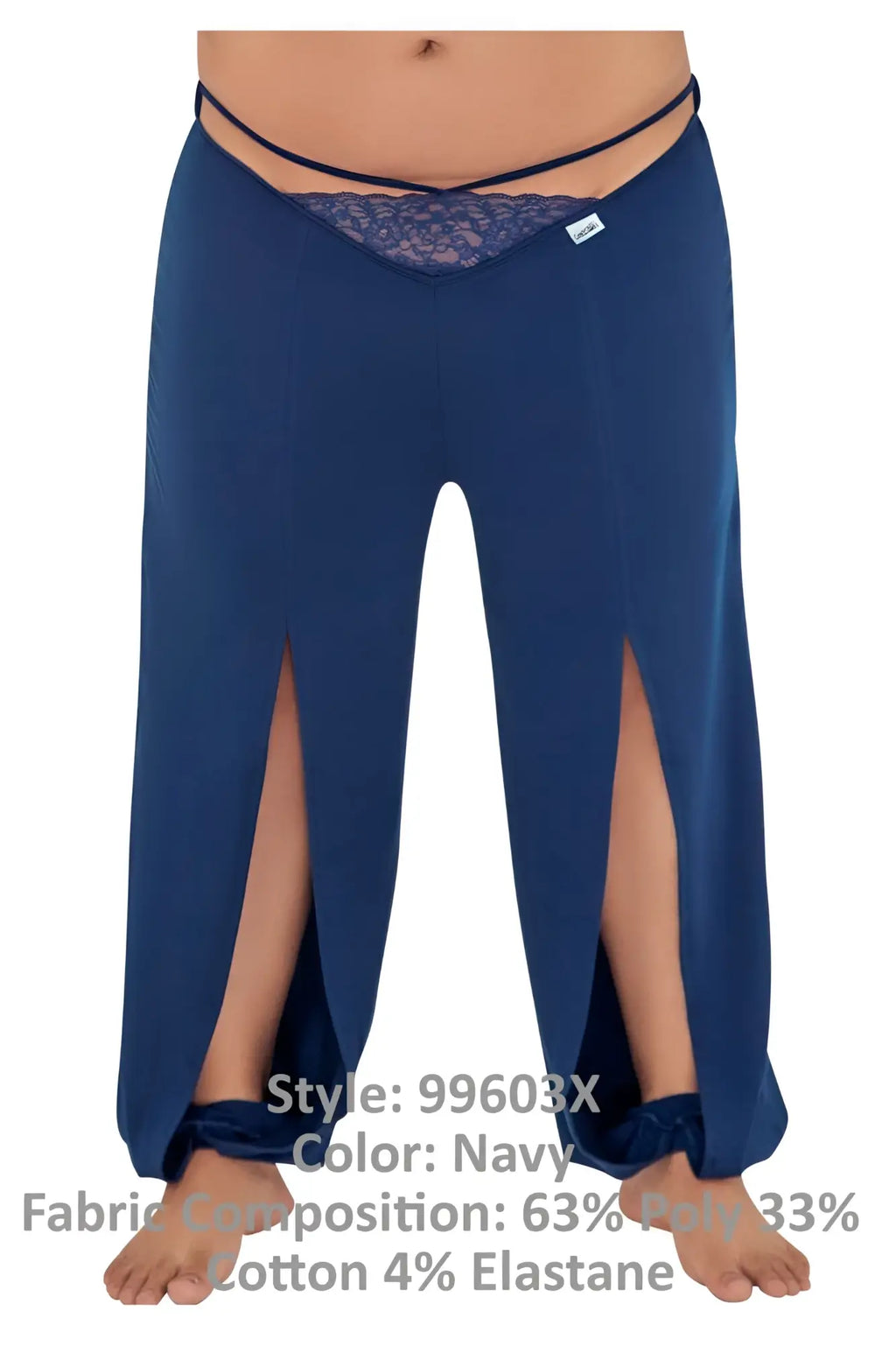 CandyMan 99603X navy lounge pajama pants with lace trim waistband and side slits made from polyester cotton elastane blend