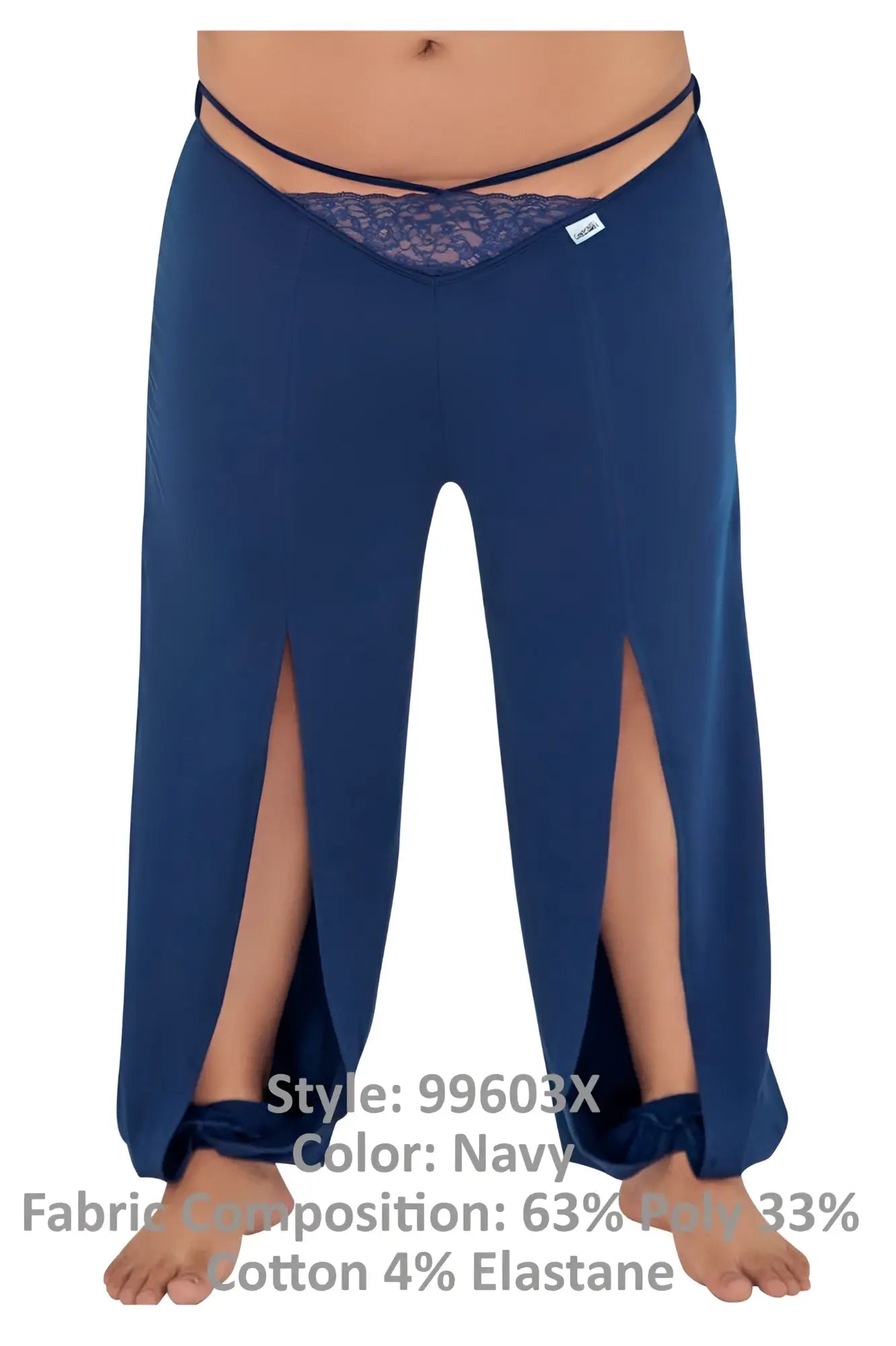 CandyMan 99603X navy lounge pajama pants with lace trim waistband and side slits made from polyester cotton elastane blend
