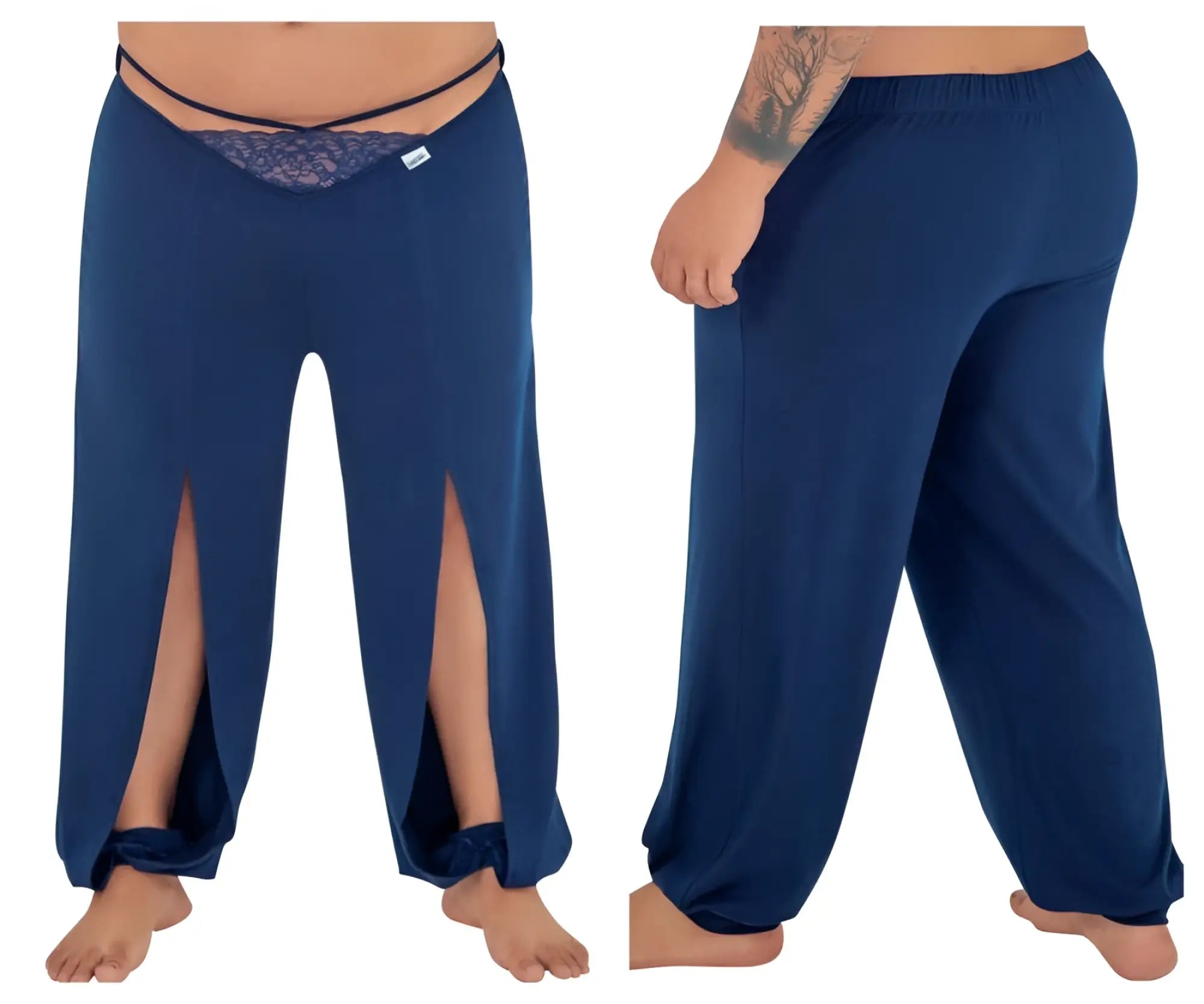 CandyMan 99603X navy wide-leg lounge pajama pants with lace trim at waistband and side slits