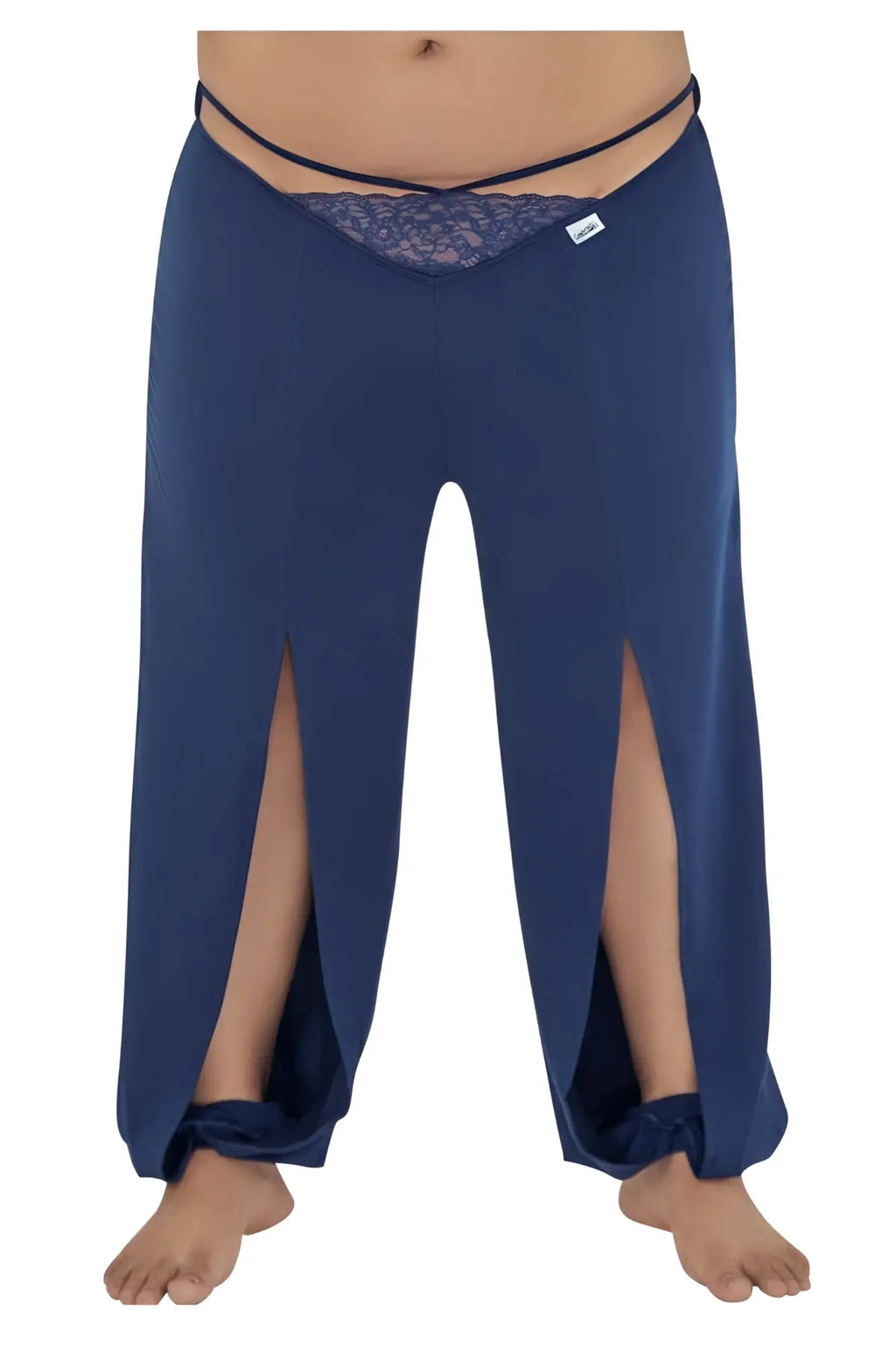 CandyMan 99603X navy lounge pajama pants with wide-leg fit lace trim waistband and tied cuffs