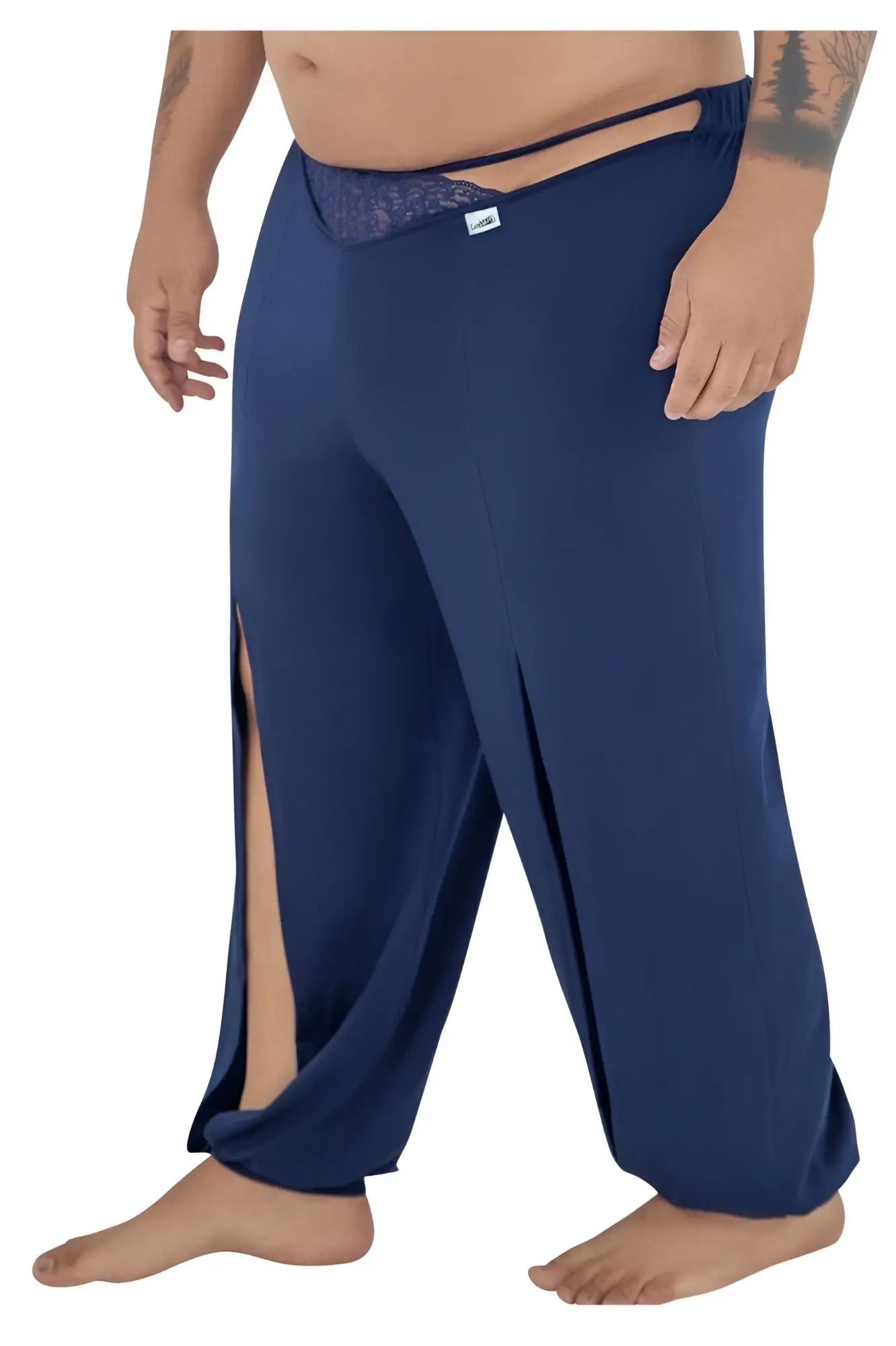 Navy candy man 99603x lounge pajama pants with wide legs lace trim waistband and side slits for comfort