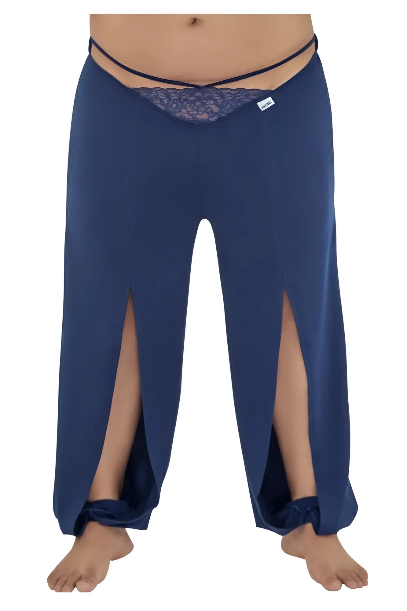 Navy candy man 99603x lounge pajama pants with wide legs lace trim waistband and tied cuffs