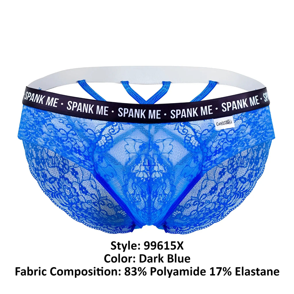 Dark blue candy man 99615x spank me lace briefs with white elastic waistband and spank me branding