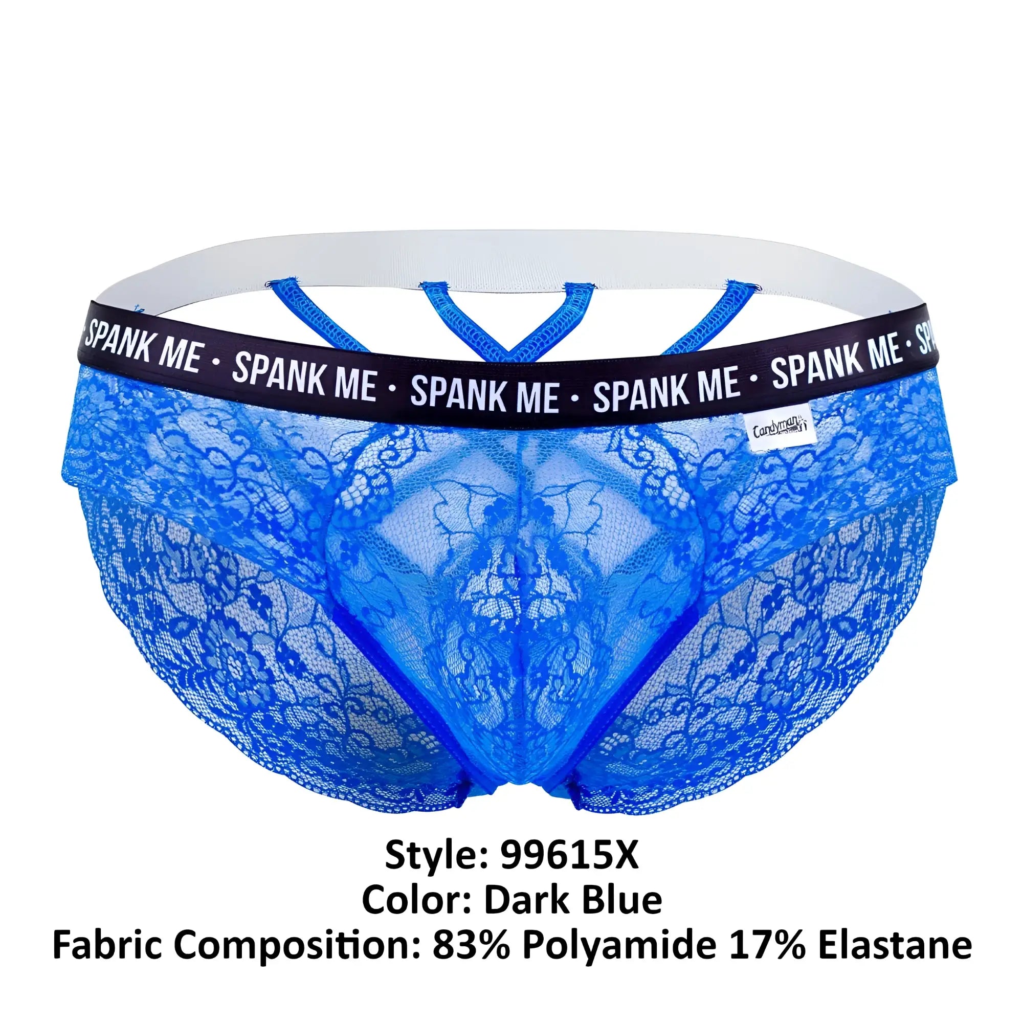 Dark blue candy man 99615x spank me lace briefs with white elastic waistband and spank me branding