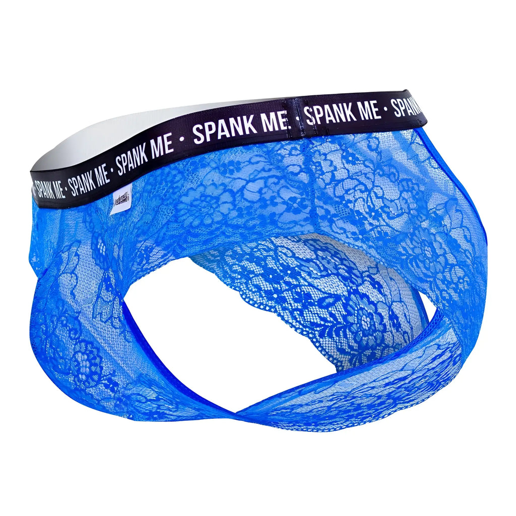 Blue lace men’s underwear briefs with black waistband featuring spank me text candyMan 99615X dark blue lace brief