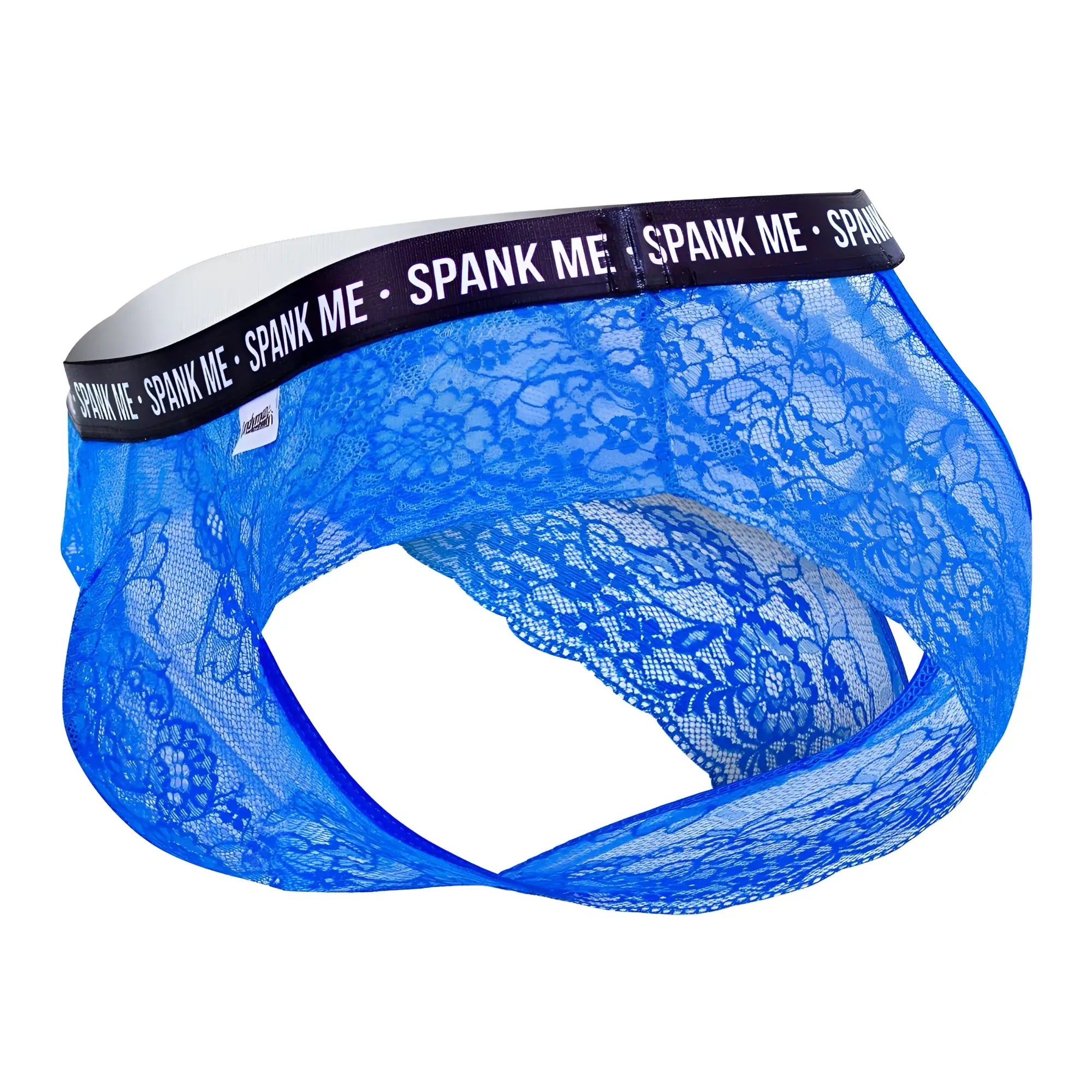 Blue lace men’s underwear briefs with black waistband featuring spank me text candyMan 99615X dark blue lace brief