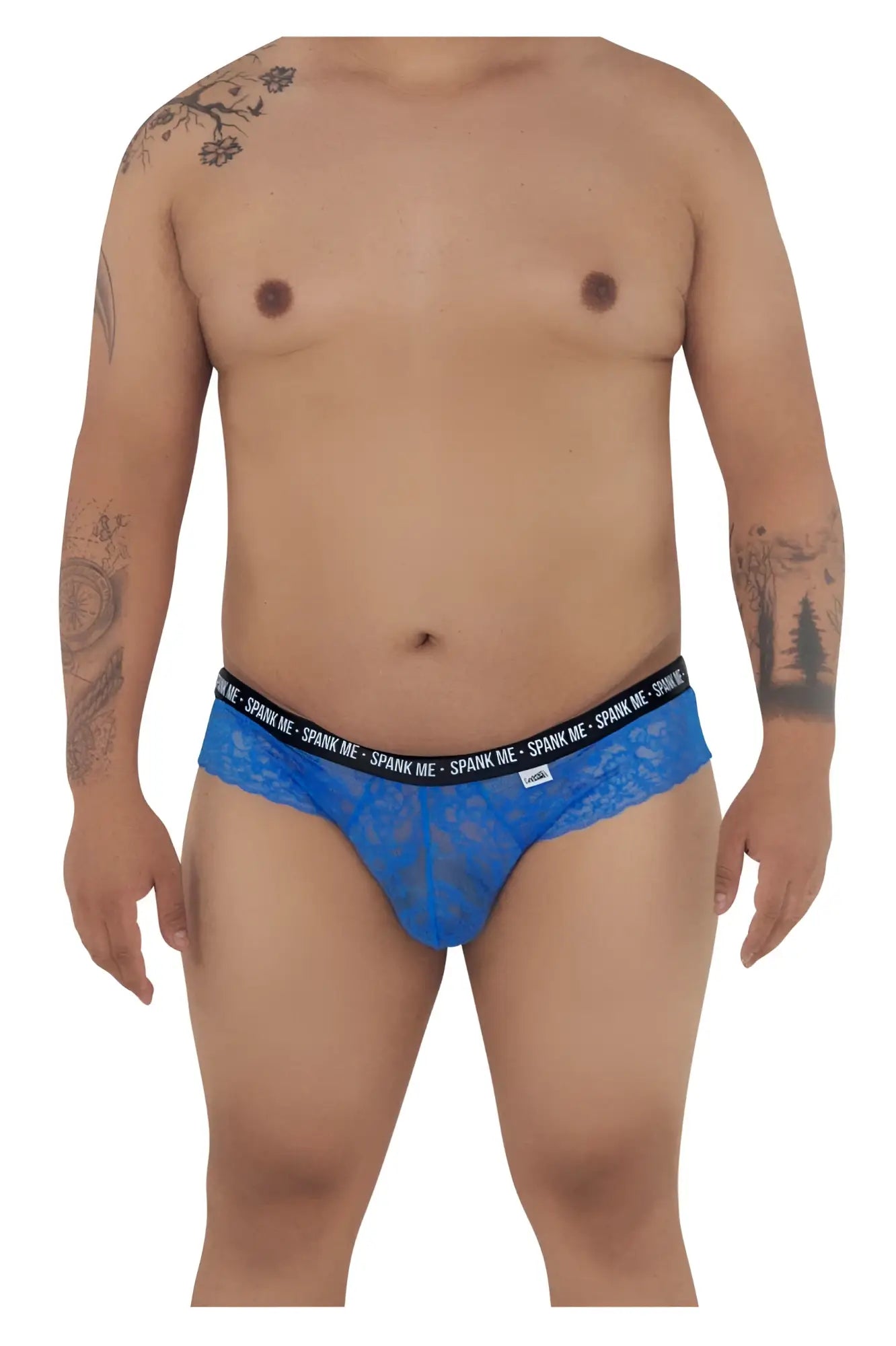 Blue lace men’s briefs with black elastic waistband featuring spank me logo candyMan 99615X in dark blue