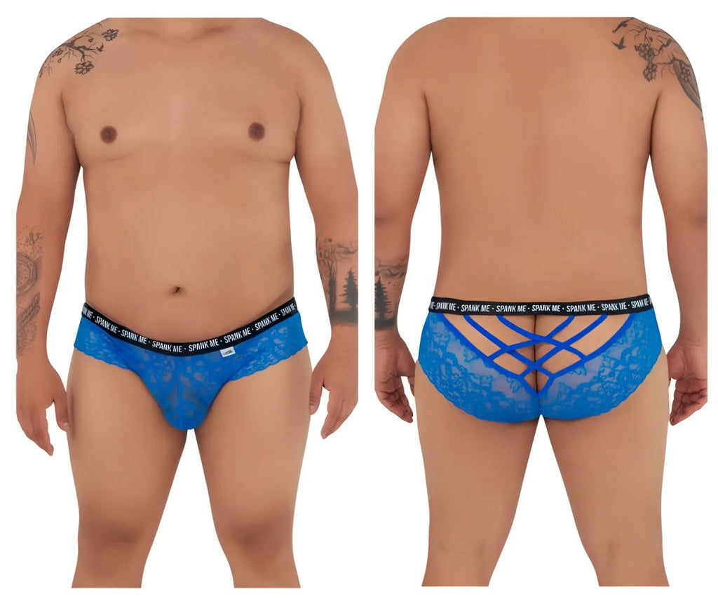 Back view of dark blue CandyMan 99615X Spank Me lace briefs with crisscross design and black branded waistband
