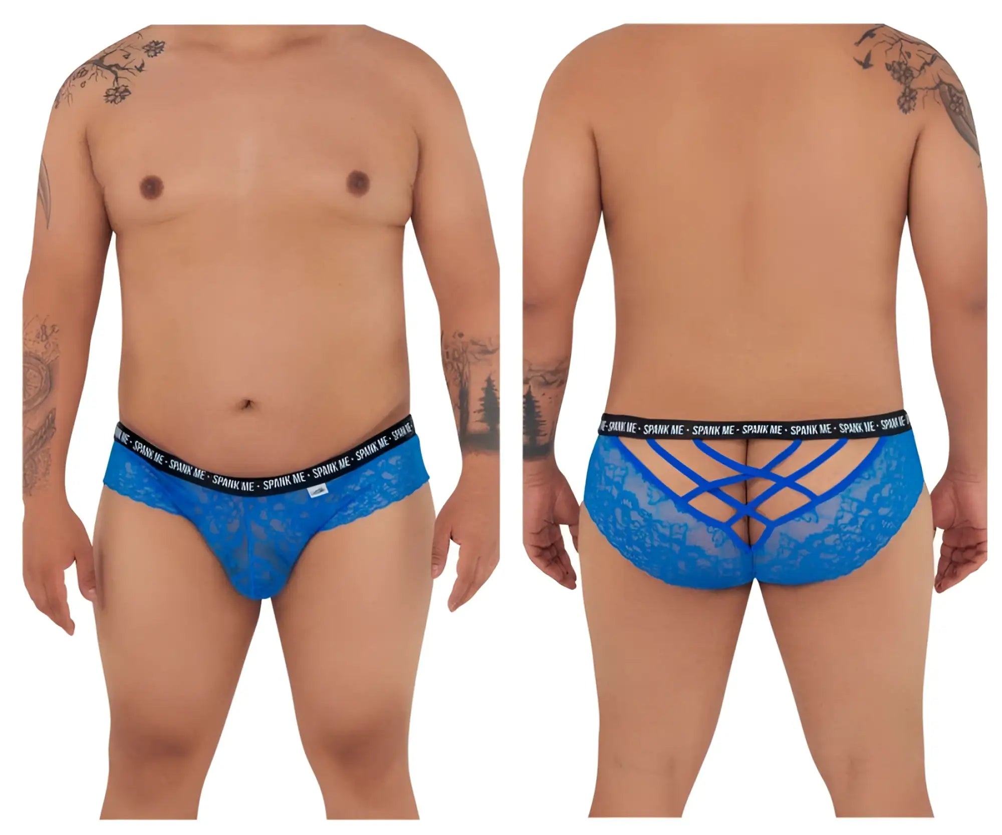 Back view of dark blue CandyMan 99615X Spank Me lace briefs with crisscross design and black branded waistband